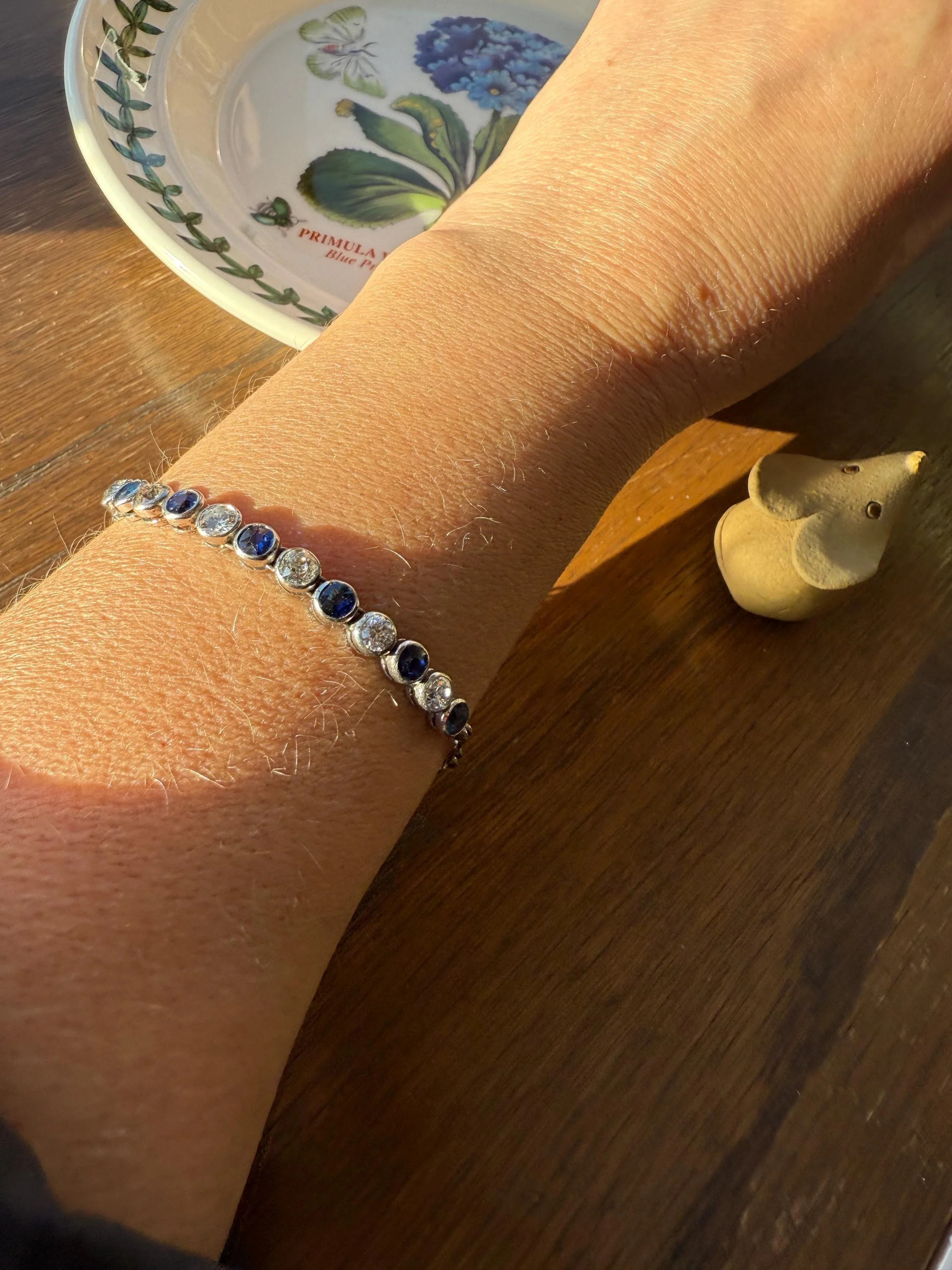Art Deco SAPPHIRE Old Mine & Transitional Cut DIAMOND Tennis Bracelet 18k White Gold Vintage Bezel Set Milgrain Wriststack - Image 7