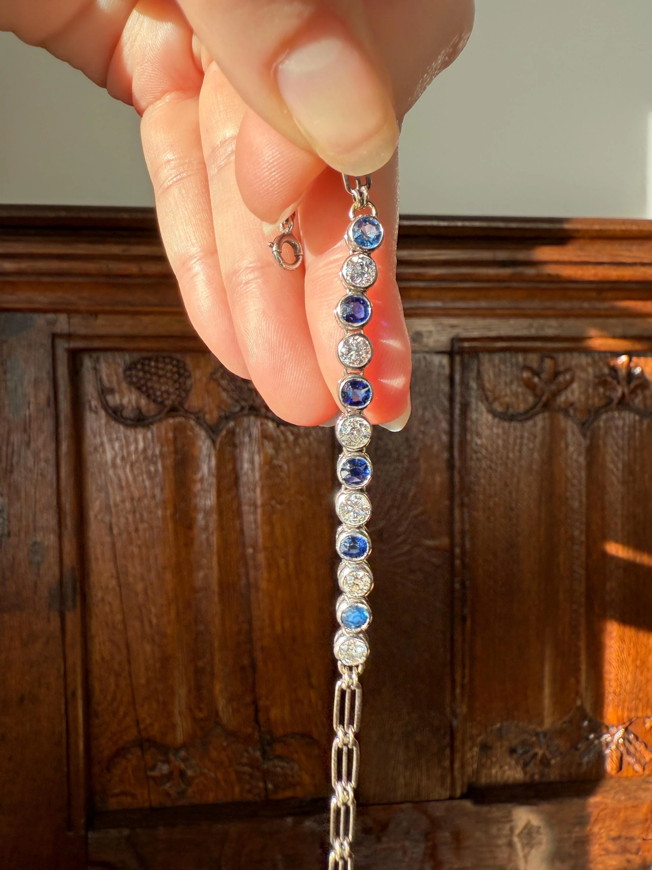 Art Deco SAPPHIRE Old Mine & Transitional Cut DIAMOND Tennis Bracelet 18k White Gold Vintage Bezel Set Milgrain Wriststack - Image 8