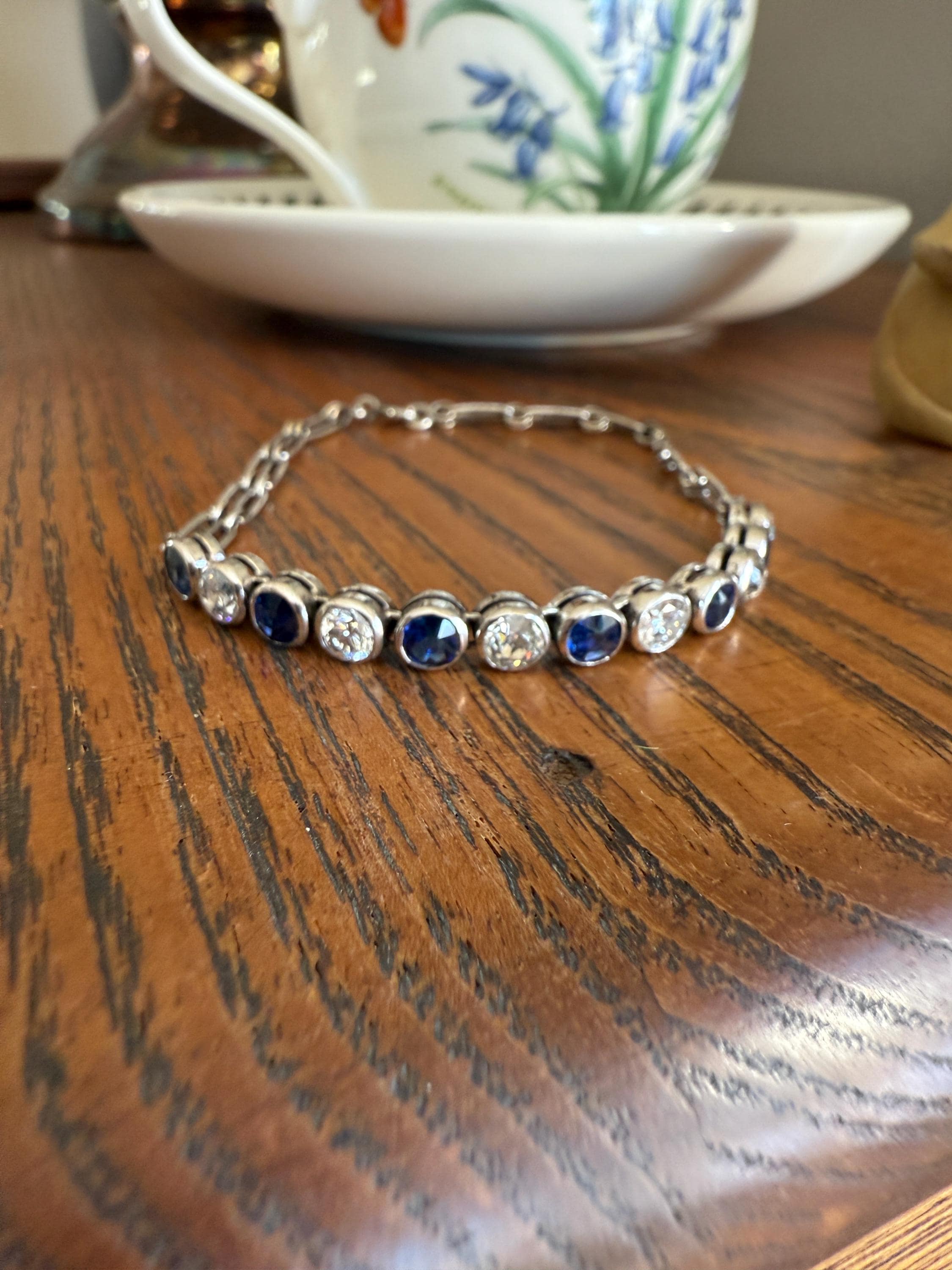 Art Deco SAPPHIRE Old Mine & Transitional Cut DIAMOND Tennis Bracelet 18k White Gold Vintage Bezel Set Milgrain Wriststack - Image 9