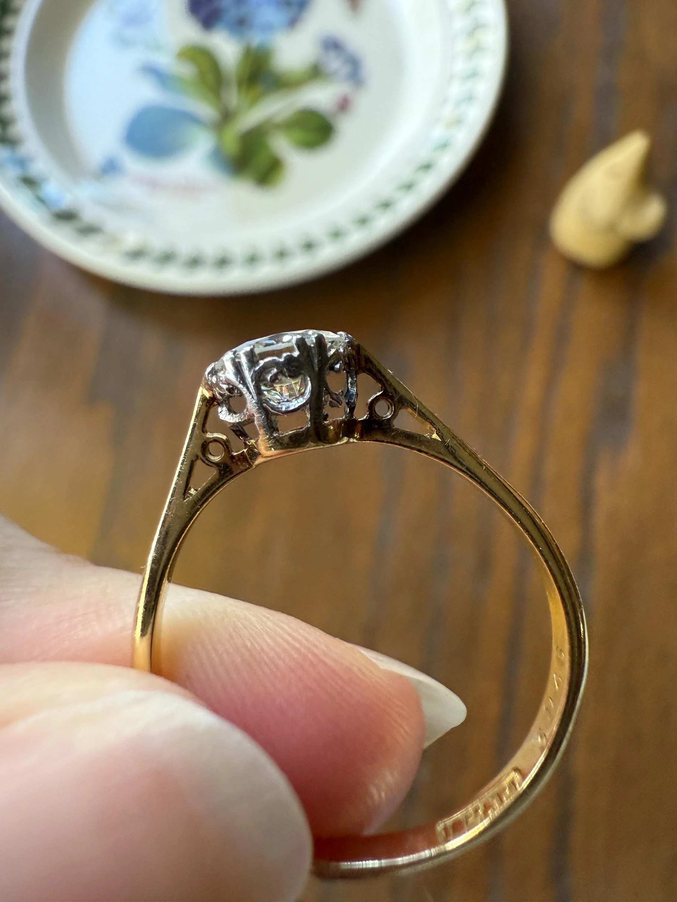 Art Deco Vintage to Antique .8 Carat Transitional Cut DIAMOND Solitaire 18k Gold Platinum Ring Engagement Stacker Crown Prong Romantic Gift - Image 5