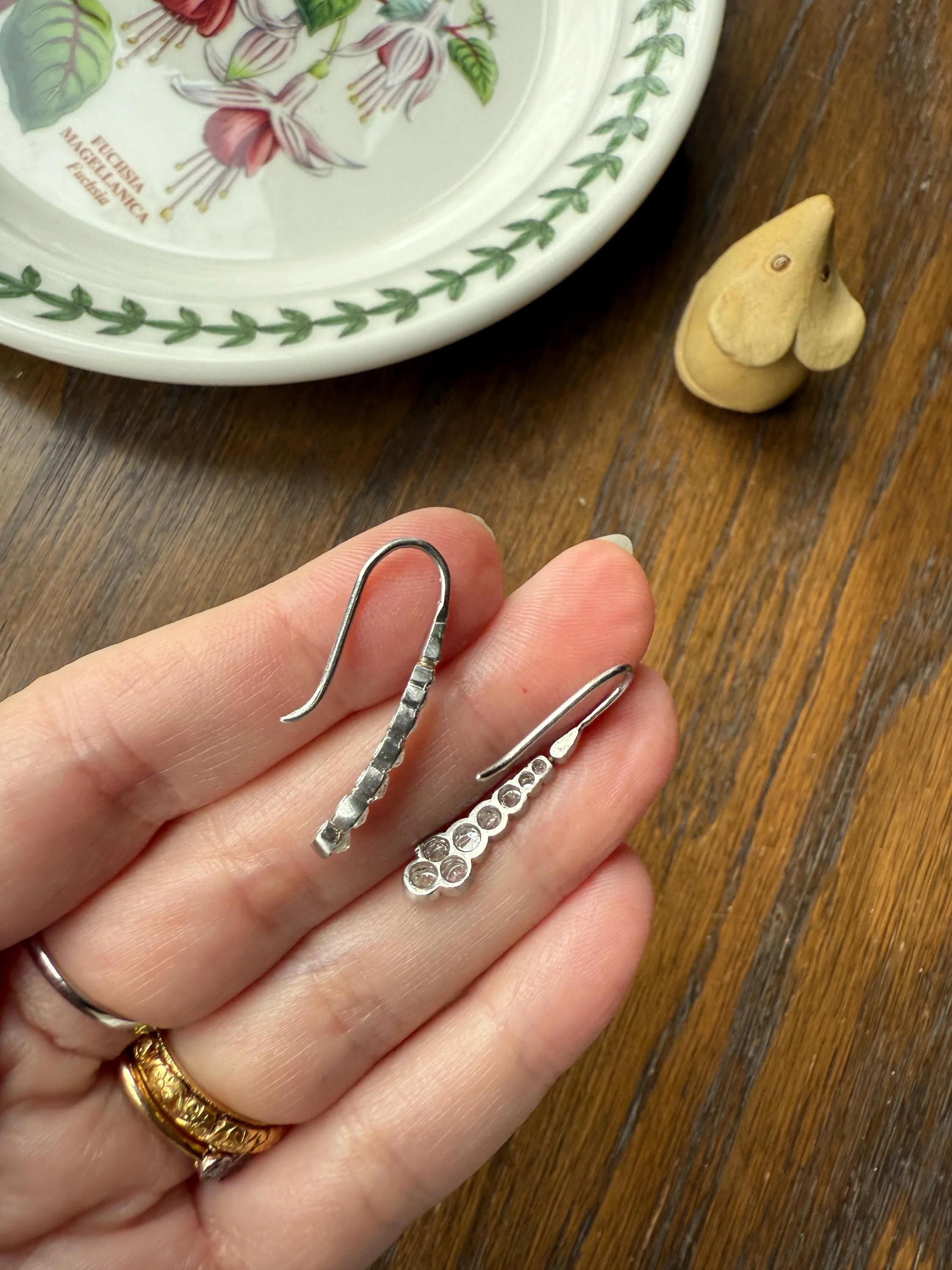 Beautiful Antique Platinum Linear Rose Cut Diamond Earrings Fixed Ear Wires Dangle Drop Clusters - Image 10