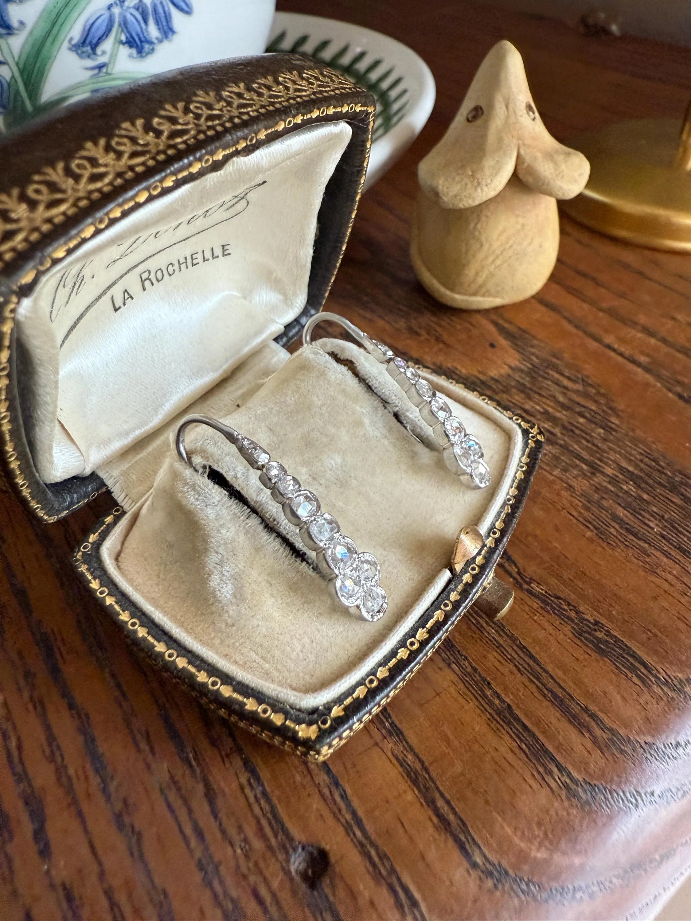 Beautiful Antique Platinum Linear Rose Cut Diamond Earrings Fixed Ear Wires Dangle Drop Clusters - Image 11