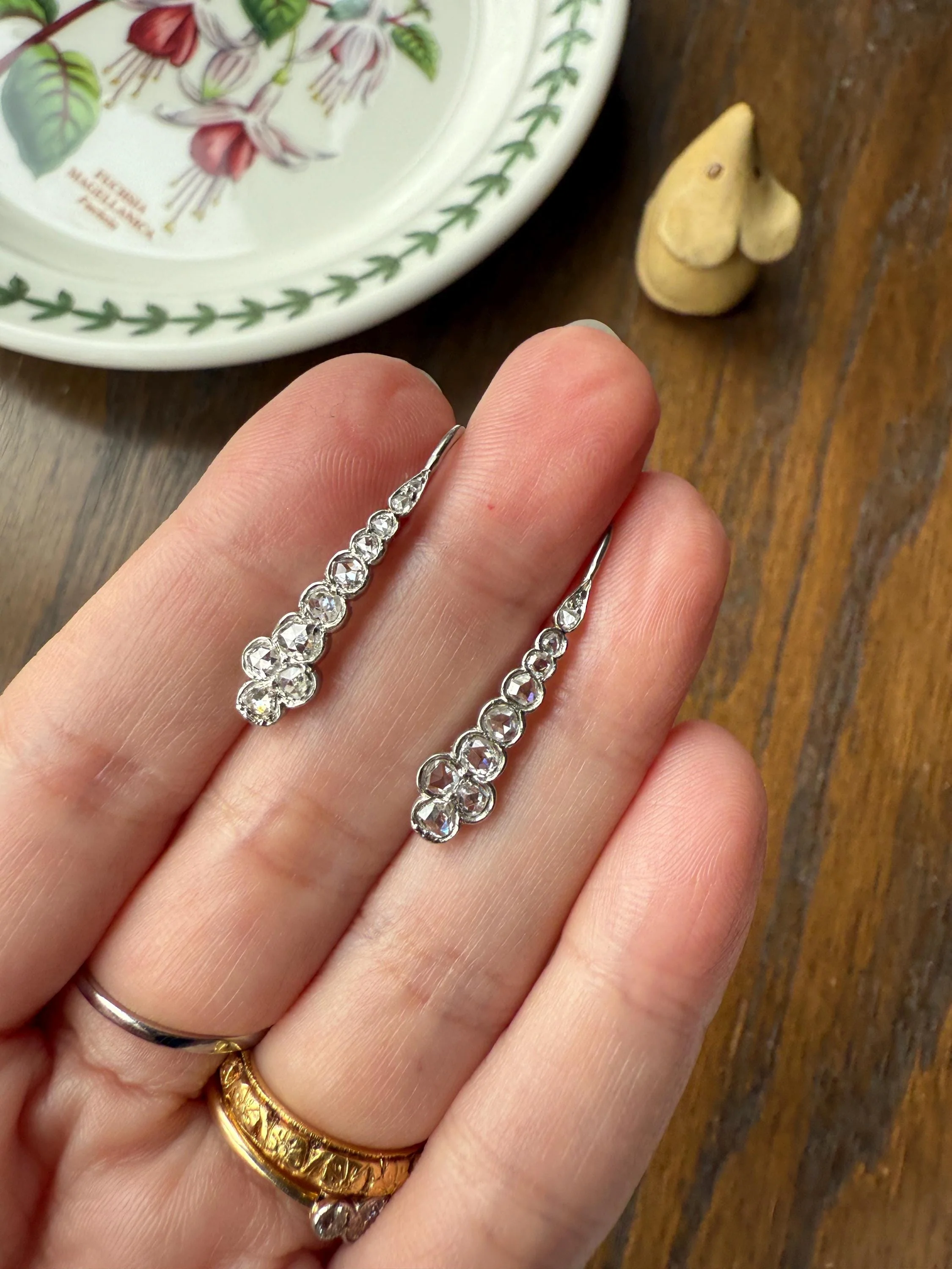 Beautiful Antique Platinum Linear Rose Cut Diamond Earrings Fixed Ear Wires Dangle Drop Clusters - Image 14