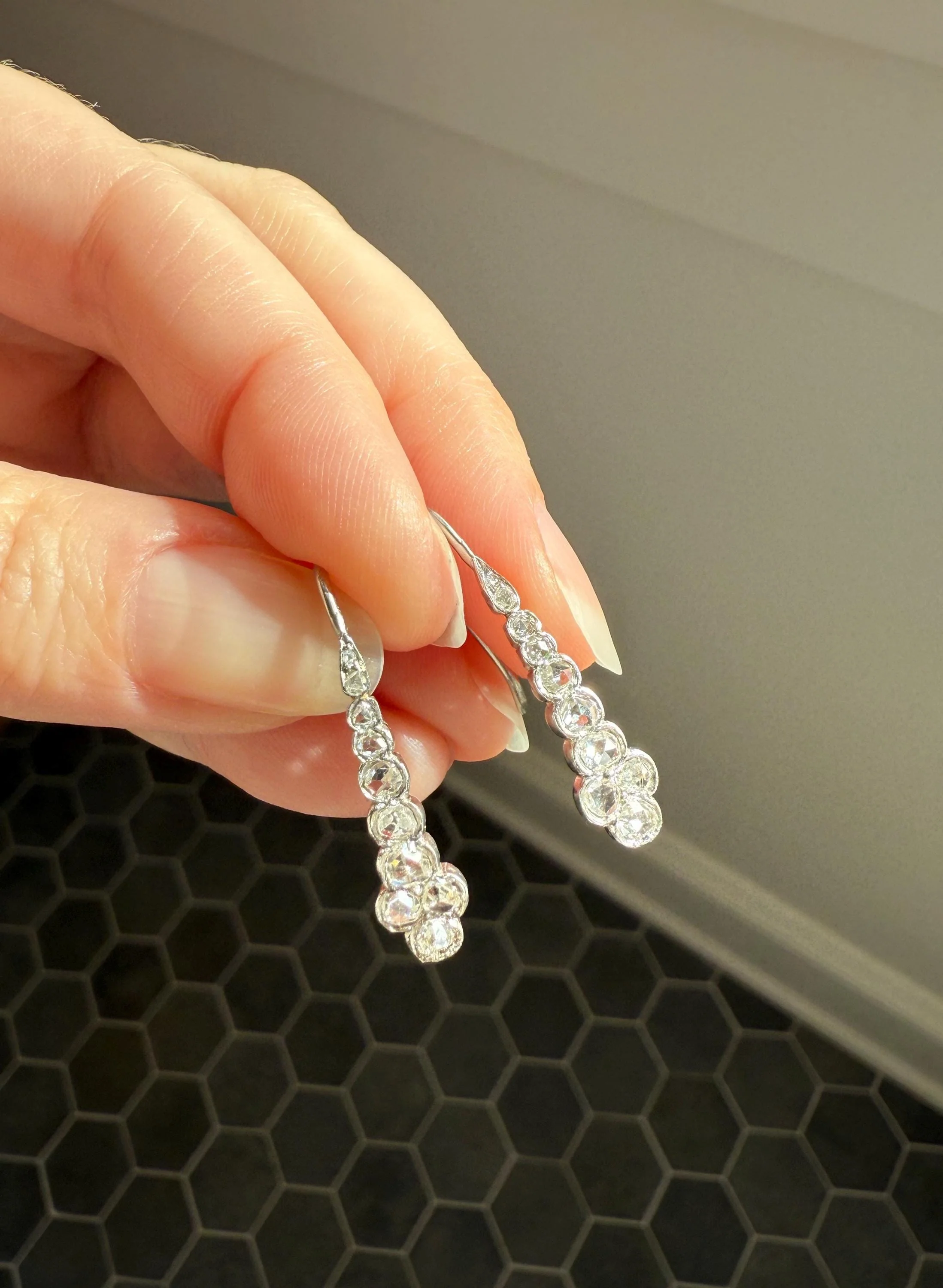 Beautiful Antique Platinum Linear Rose Cut Diamond Earrings Fixed Ear Wires Dangle Drop Clusters - Image 2