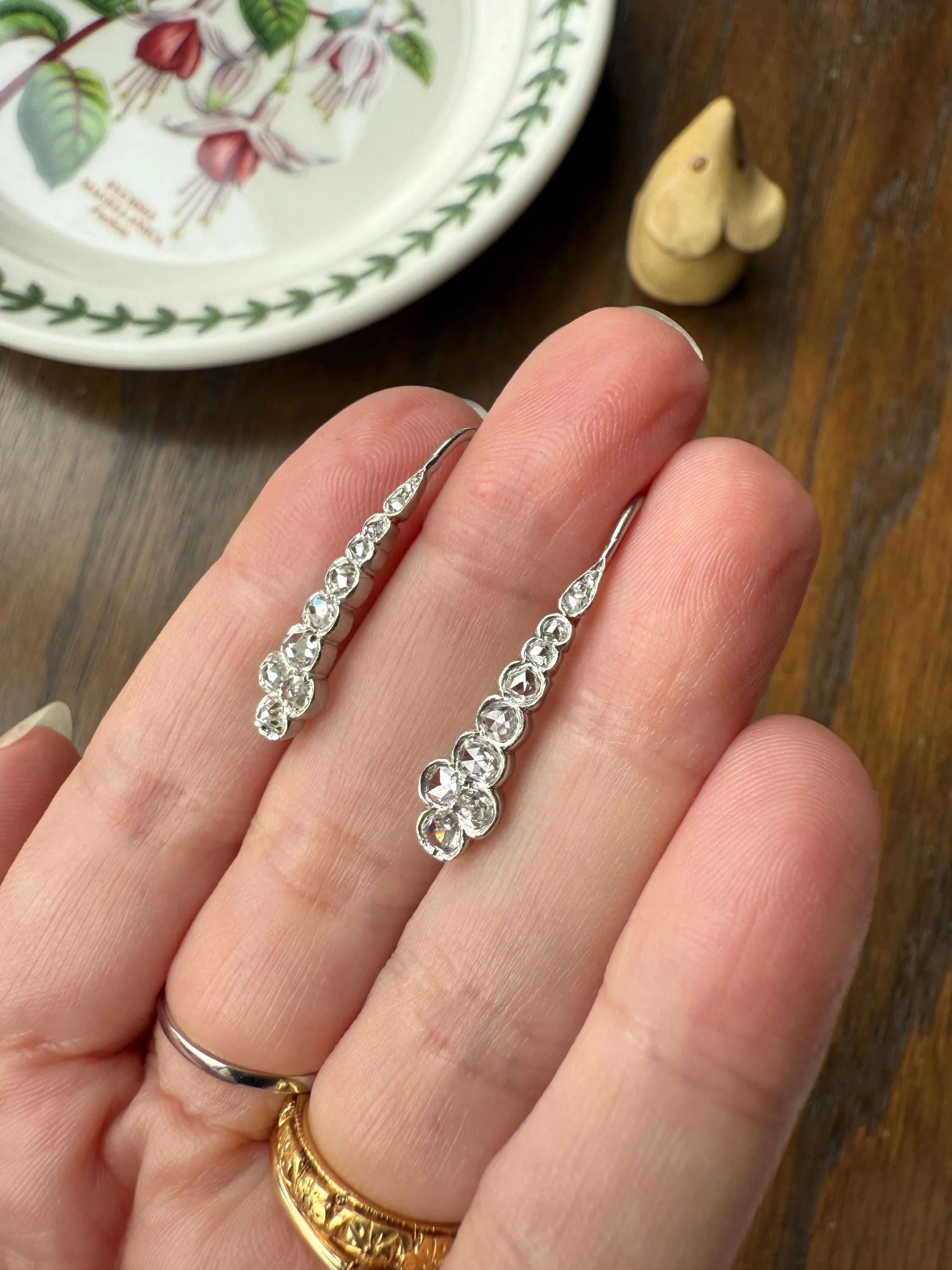 Beautiful Antique Platinum Linear Rose Cut Diamond Earrings Fixed Ear Wires Dangle Drop Clusters - Image 4
