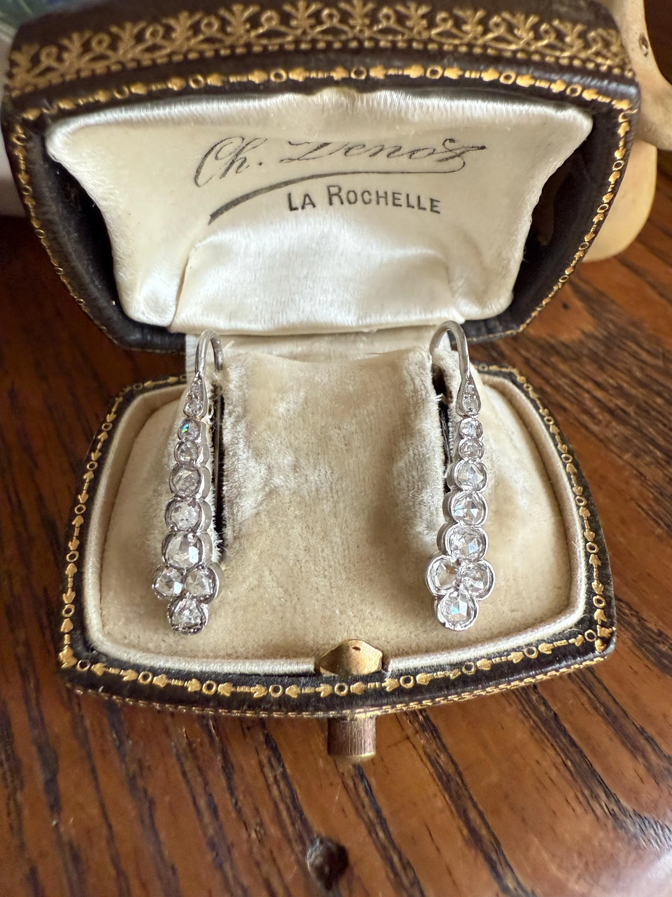 Beautiful Antique Platinum Linear Rose Cut Diamond Earrings Fixed Ear Wires Dangle Drop Clusters - Image 6