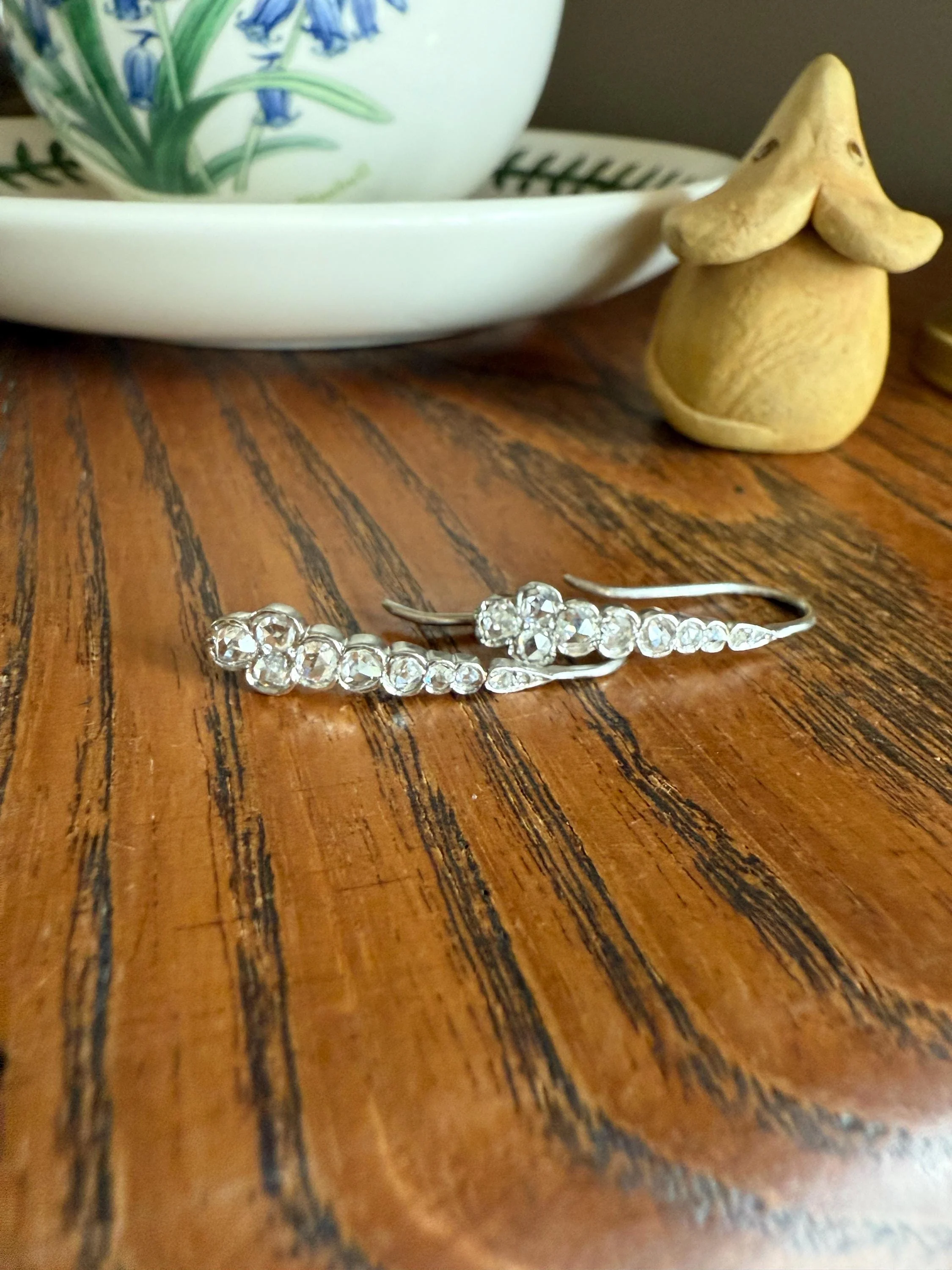 Beautiful Antique Platinum Linear Rose Cut Diamond Earrings Fixed Ear Wires Dangle Drop Clusters - Image 8