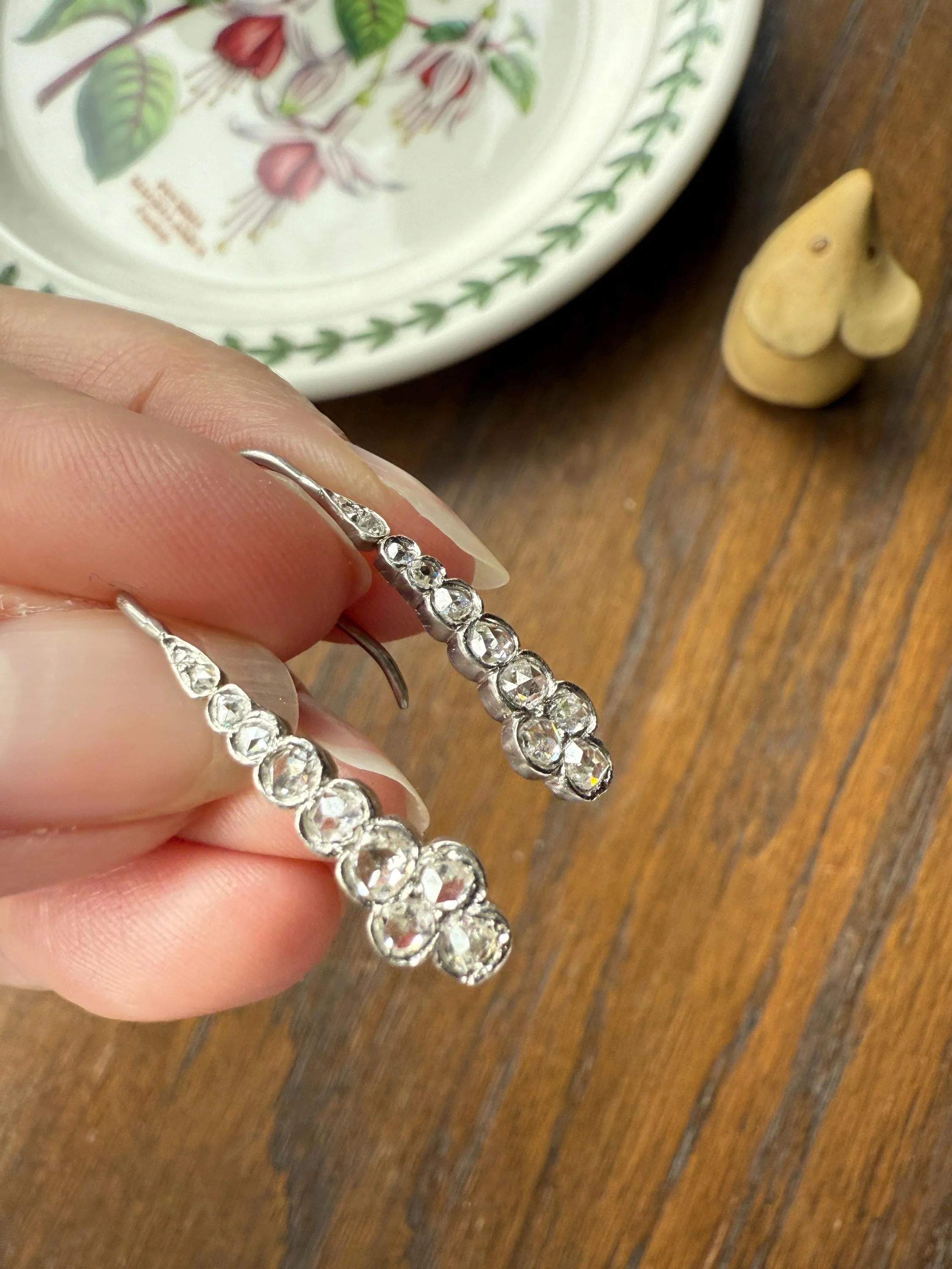 Beautiful Antique Platinum Linear Rose Cut Diamond Earrings Fixed Ear Wires Dangle Drop Clusters - Image 9