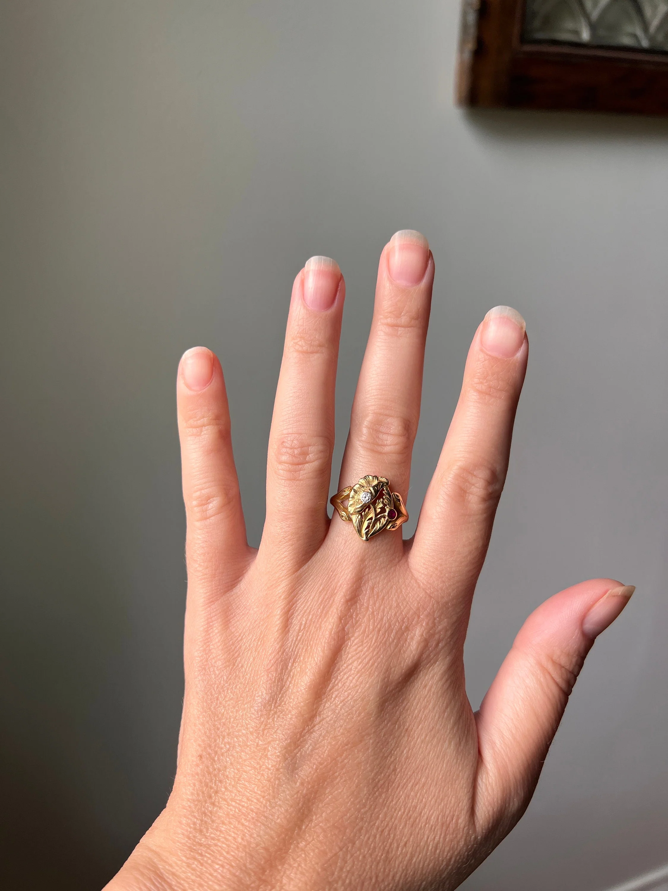 POPPY Flower Figural French Antique Art Nouveau Ring 5g 18k Gold Ruby Diamond Floral - Image 4