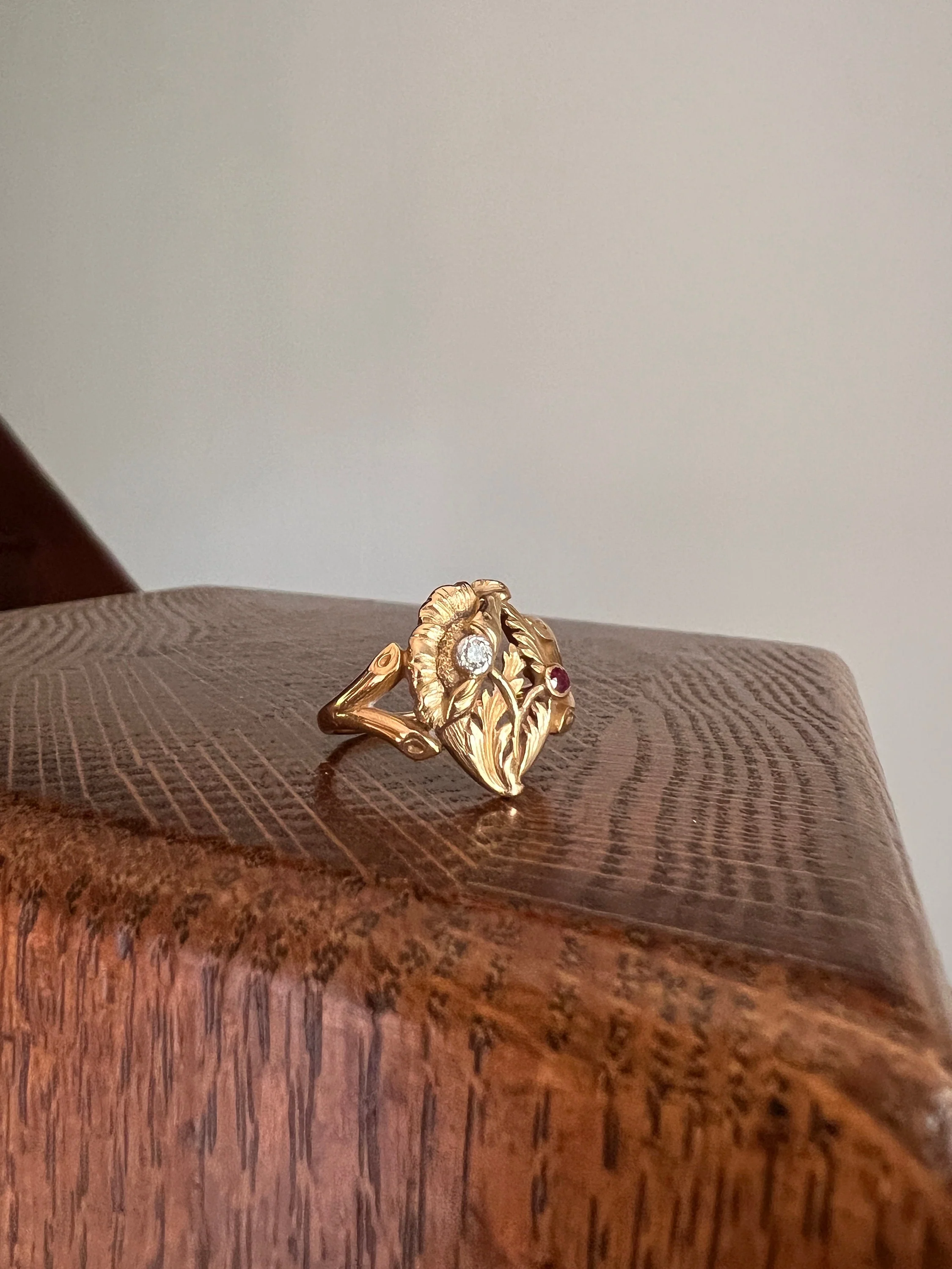 POPPY Flower Figural French Antique Art Nouveau Ring 5g 18k Gold Ruby Diamond Floral - Image 5