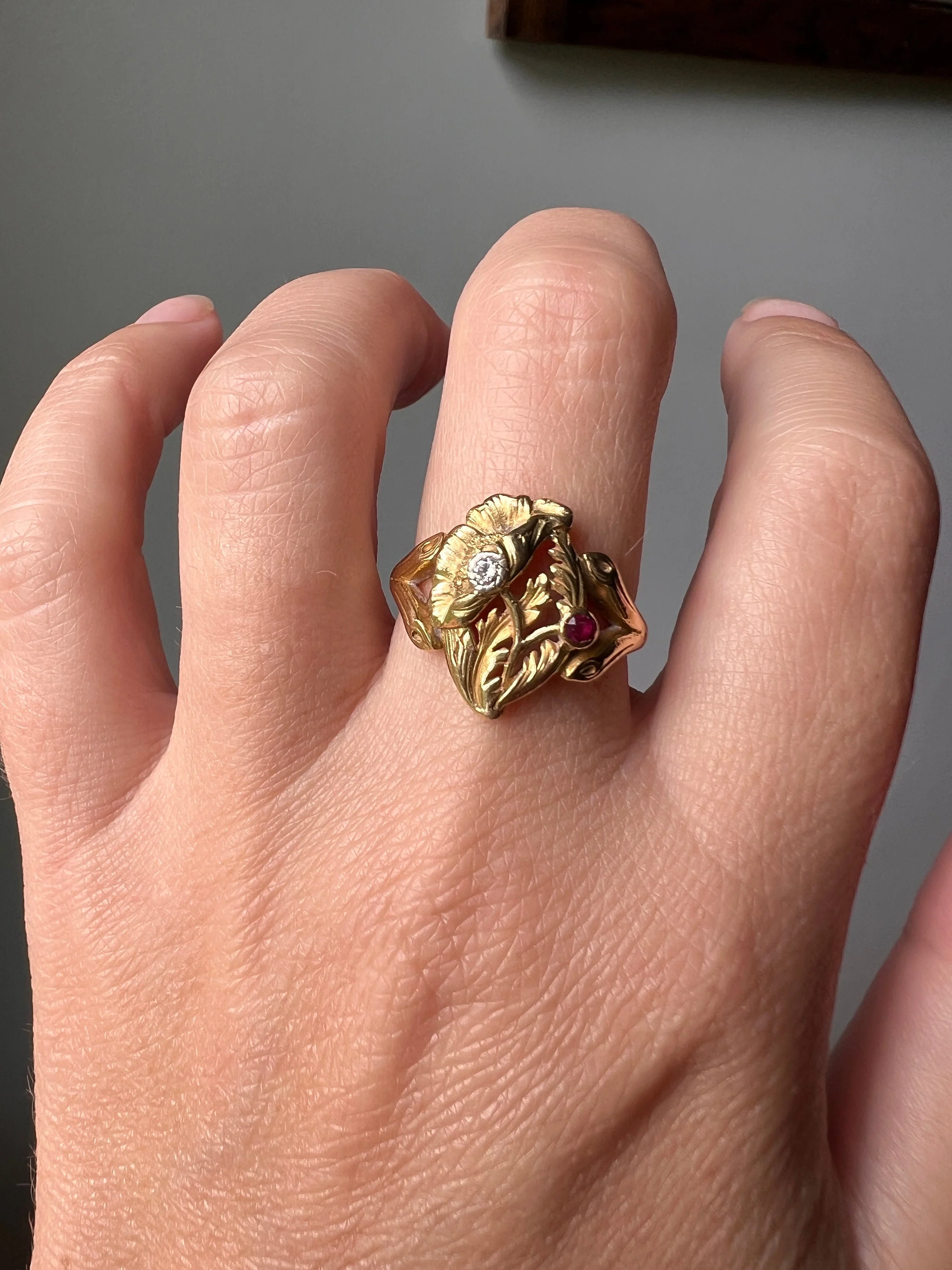 POPPY Flower Figural French Antique Art Nouveau Ring 5g 18k Gold Ruby Diamond Floral - Image 6
