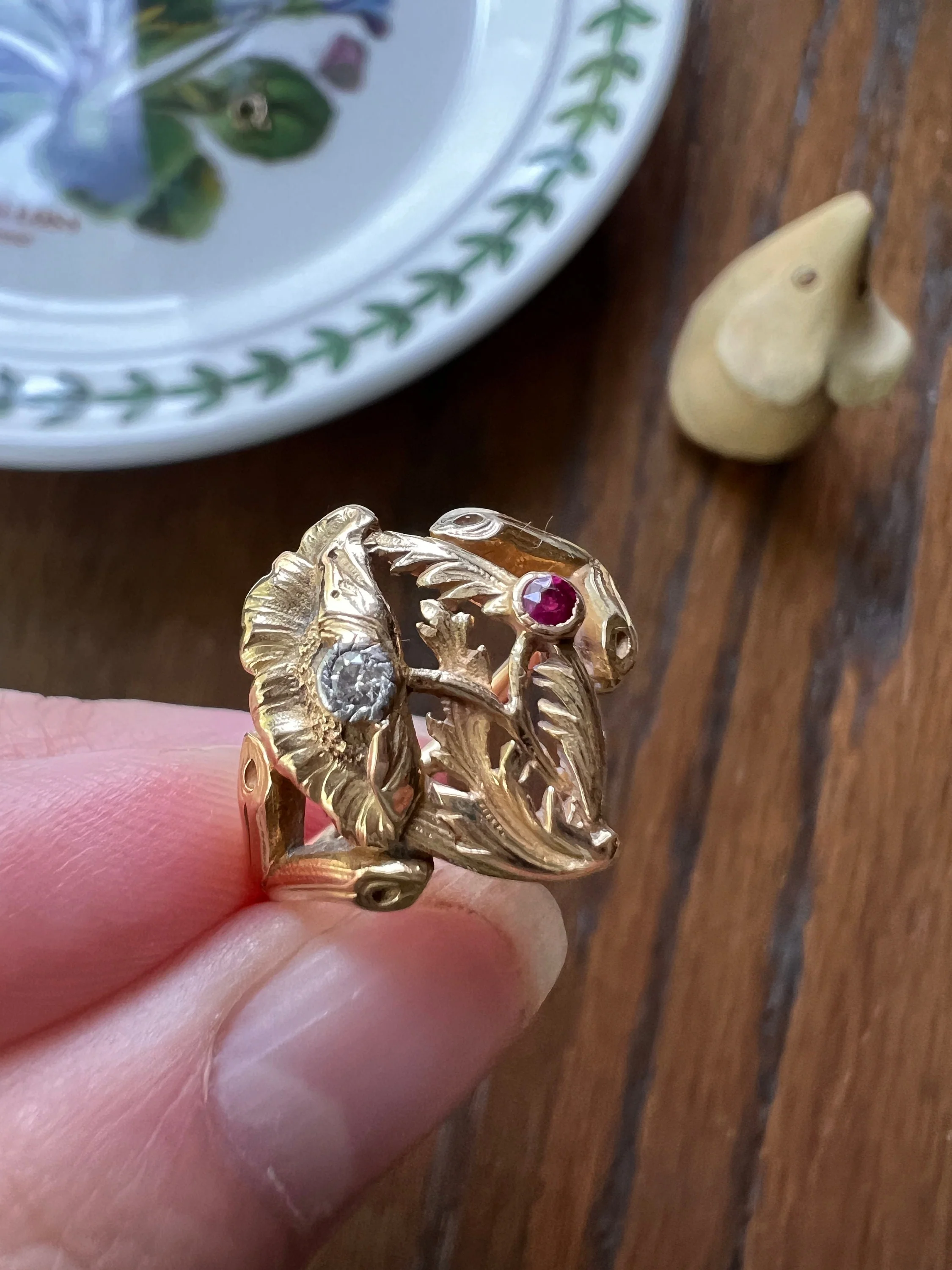 POPPY Flower Figural French Antique Art Nouveau Ring 5g 18k Gold Ruby Diamond Floral - Image 7