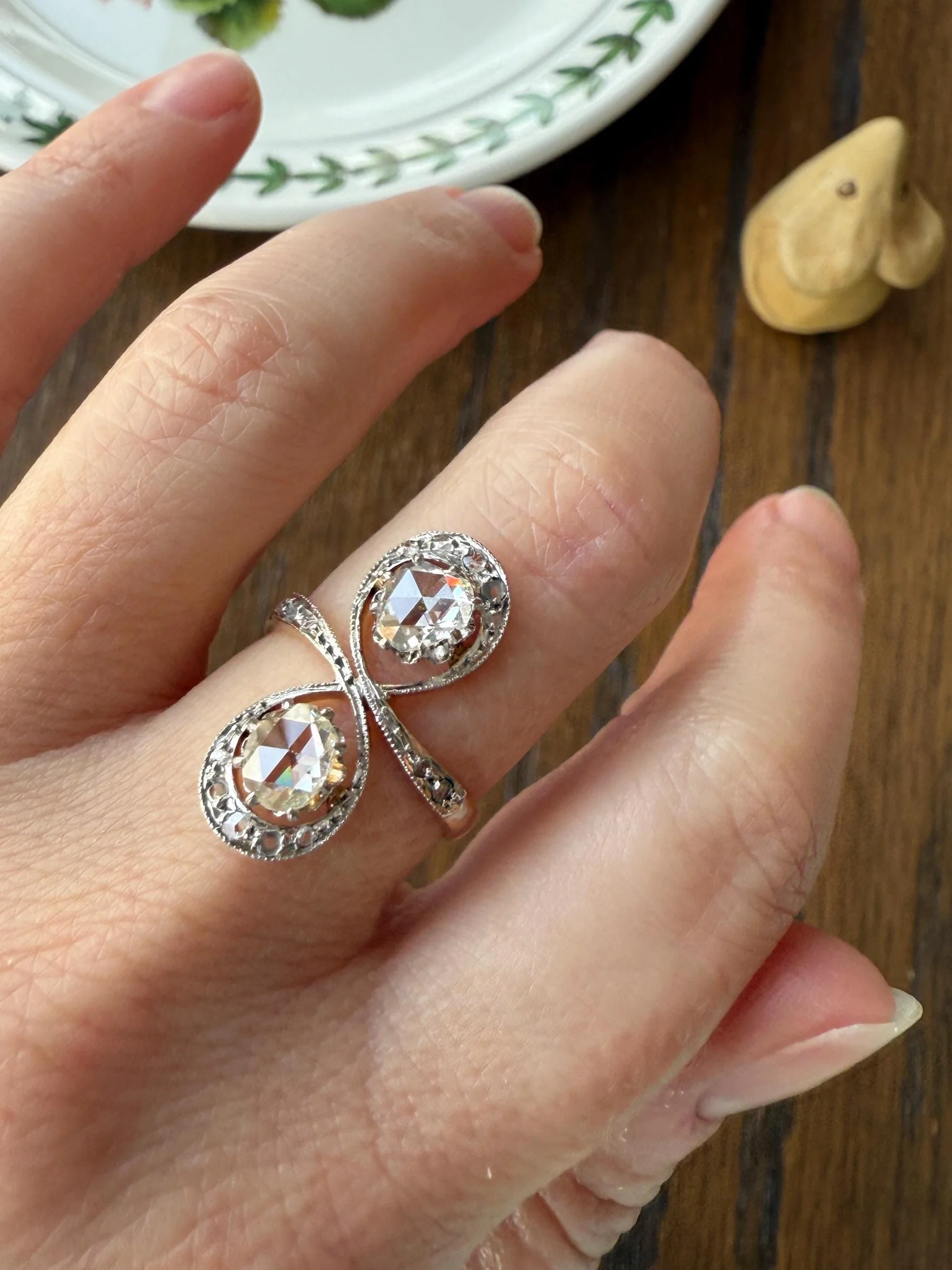 Belle Epoque Antique Rose Cut DIAMOND Toi et Moi Ring 1.5 Carat Face Up 18k Gold Victorian Infinity Figure 8 Swirl Art Nouveau Movement