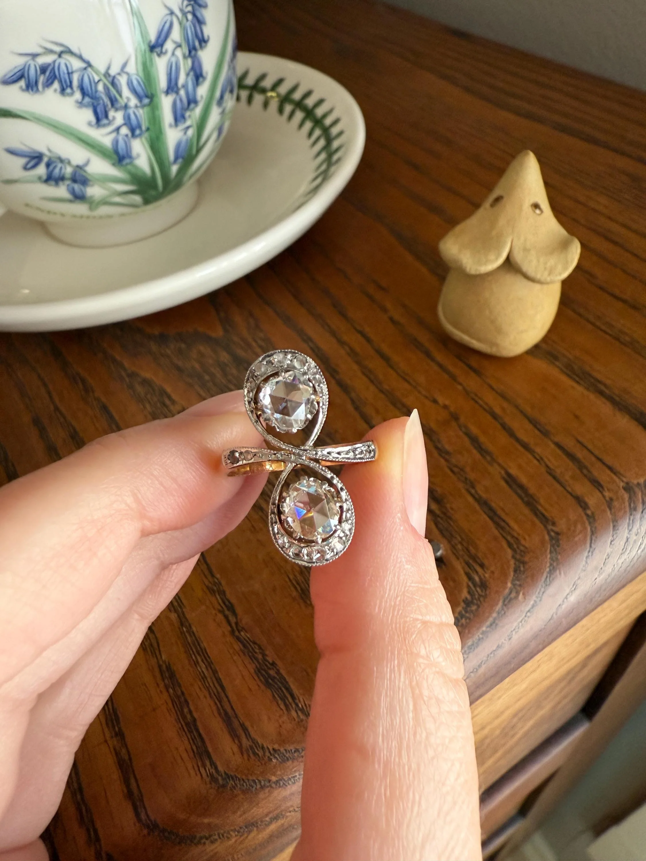 Belle Epoque Antique Rose Cut DIAMOND Toi et Moi Ring 1.5 Carat Face Up 18k Gold Victorian Infinity Figure 8 Swirl Art Nouveau Movement - Image 11