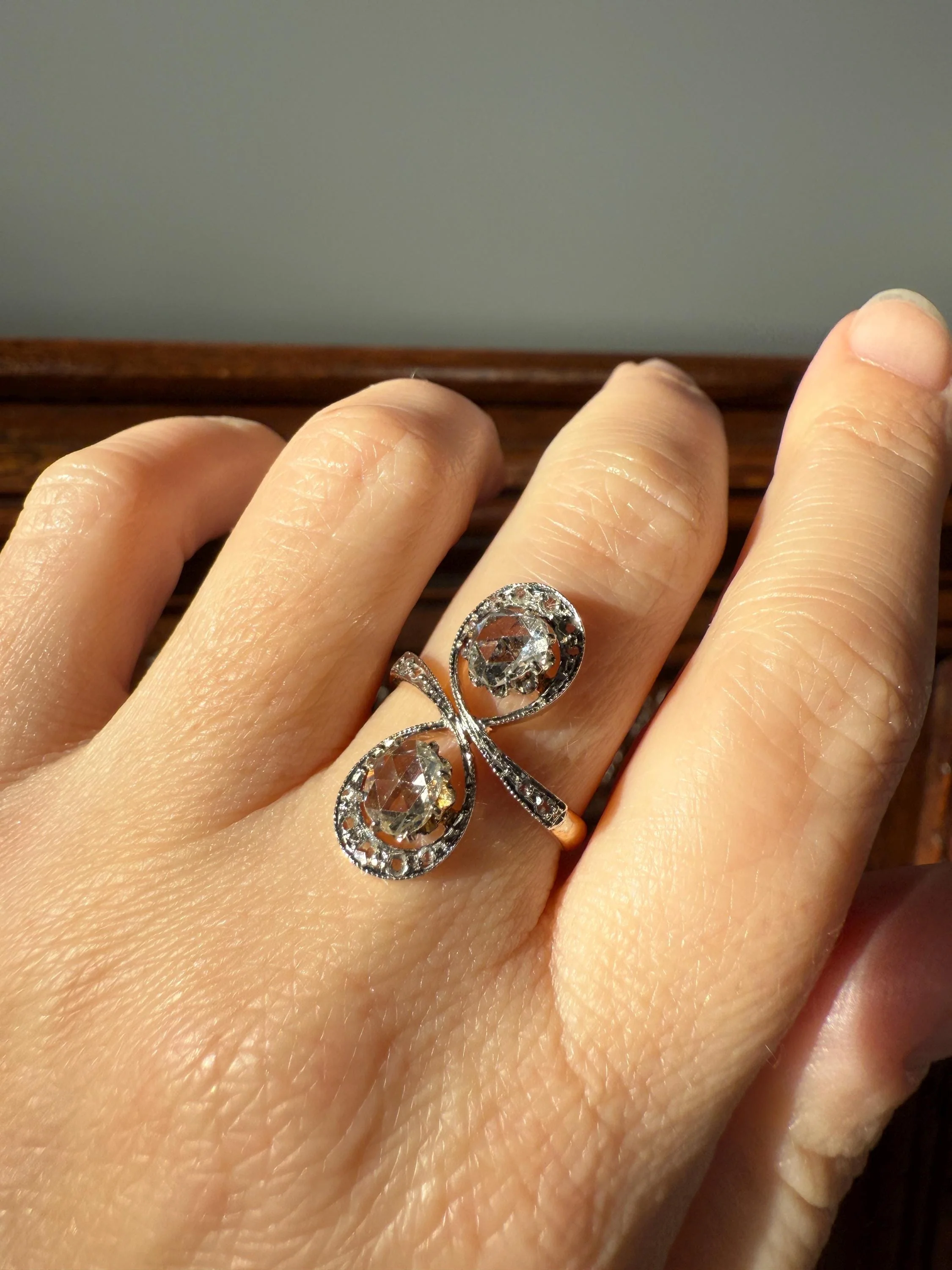 Belle Epoque Antique Rose Cut DIAMOND Toi et Moi Ring 1.5 Carat Face Up 18k Gold Victorian Infinity Figure 8 Swirl Art Nouveau Movement - Image 13