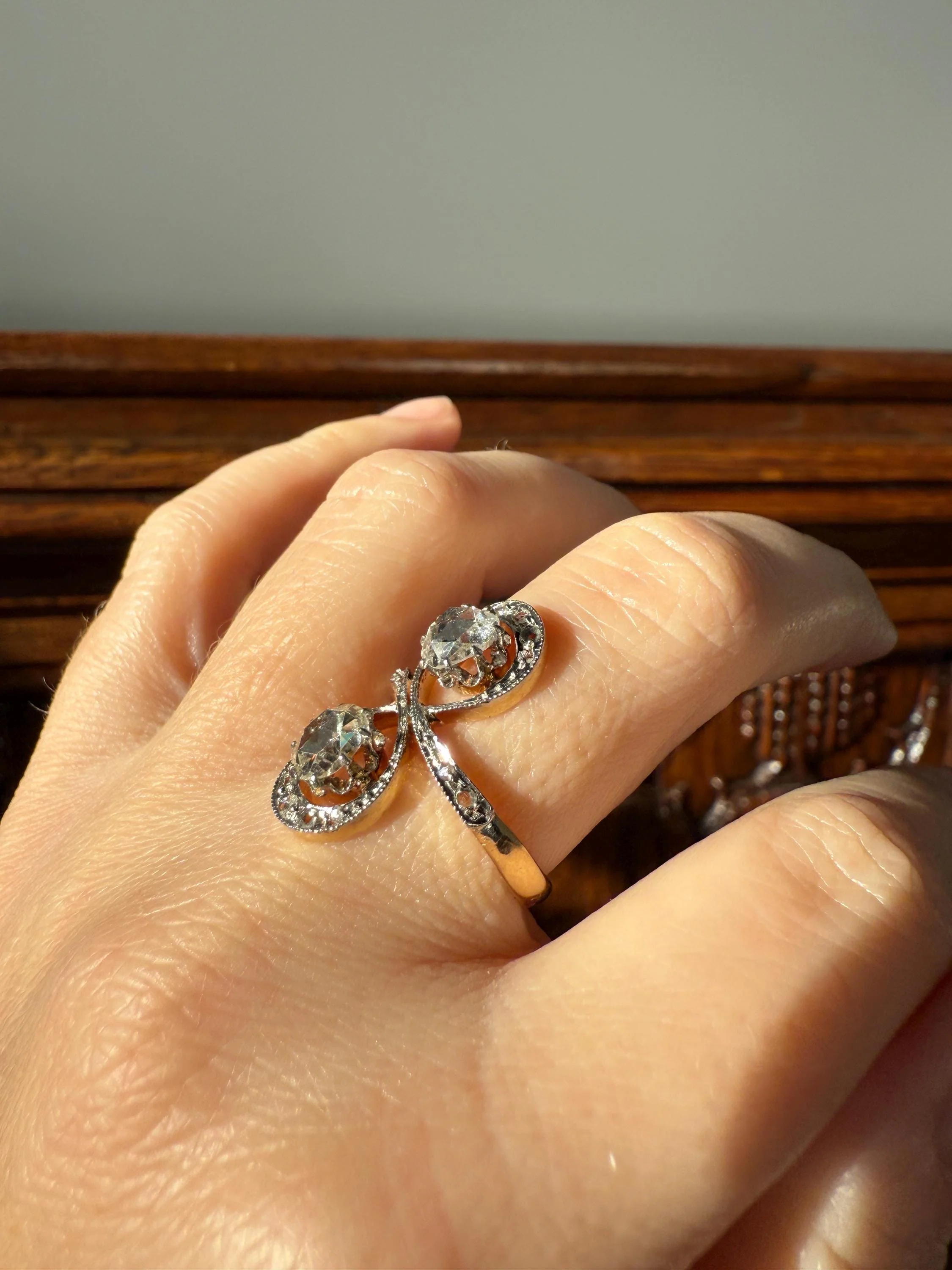 Belle Epoque Antique Rose Cut DIAMOND Toi et Moi Ring 1.5 Carat Face Up 18k Gold Victorian Infinity Figure 8 Swirl Art Nouveau Movement - Image 14
