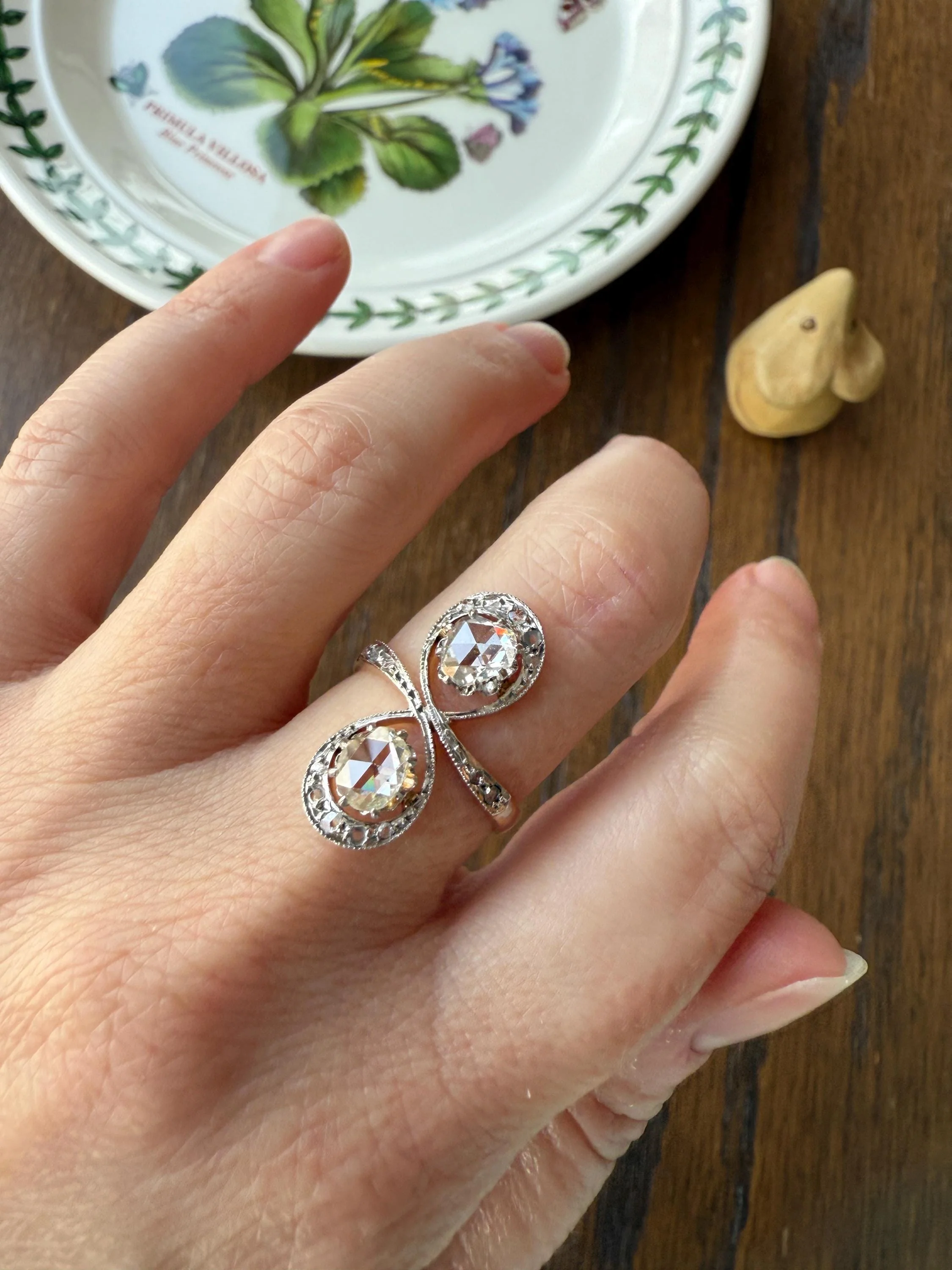 Belle Epoque Antique Rose Cut DIAMOND Toi et Moi Ring 1.5 Carat Face Up 18k Gold Victorian Infinity Figure 8 Swirl Art Nouveau Movement - Image 19