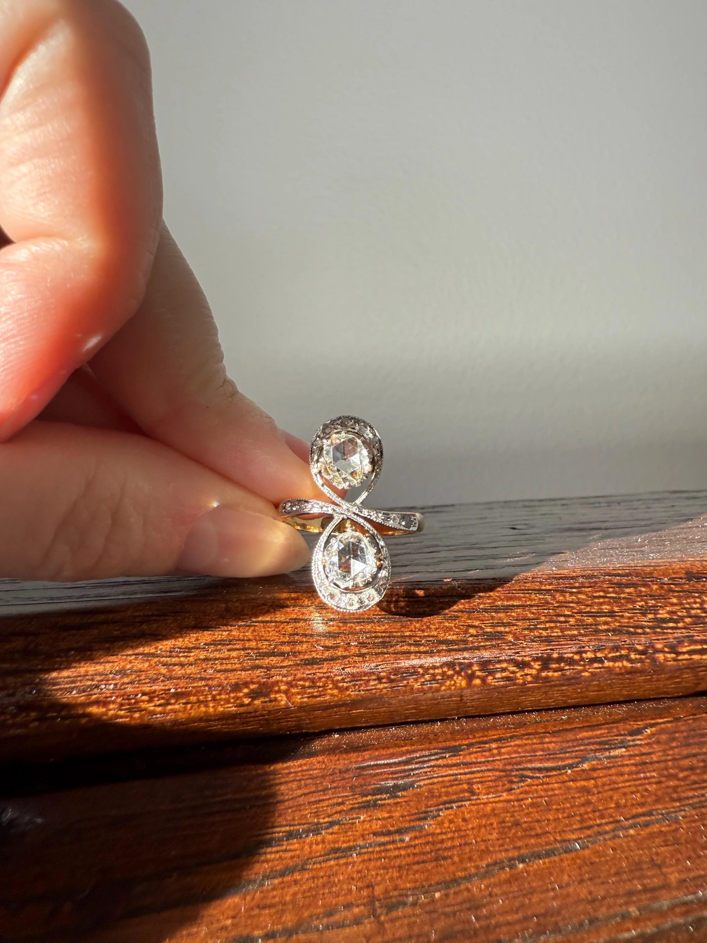 Belle Epoque Antique Rose Cut DIAMOND Toi et Moi Ring 1.5 Carat Face Up 18k Gold Victorian Infinity Figure 8 Swirl Art Nouveau Movement - Image 2