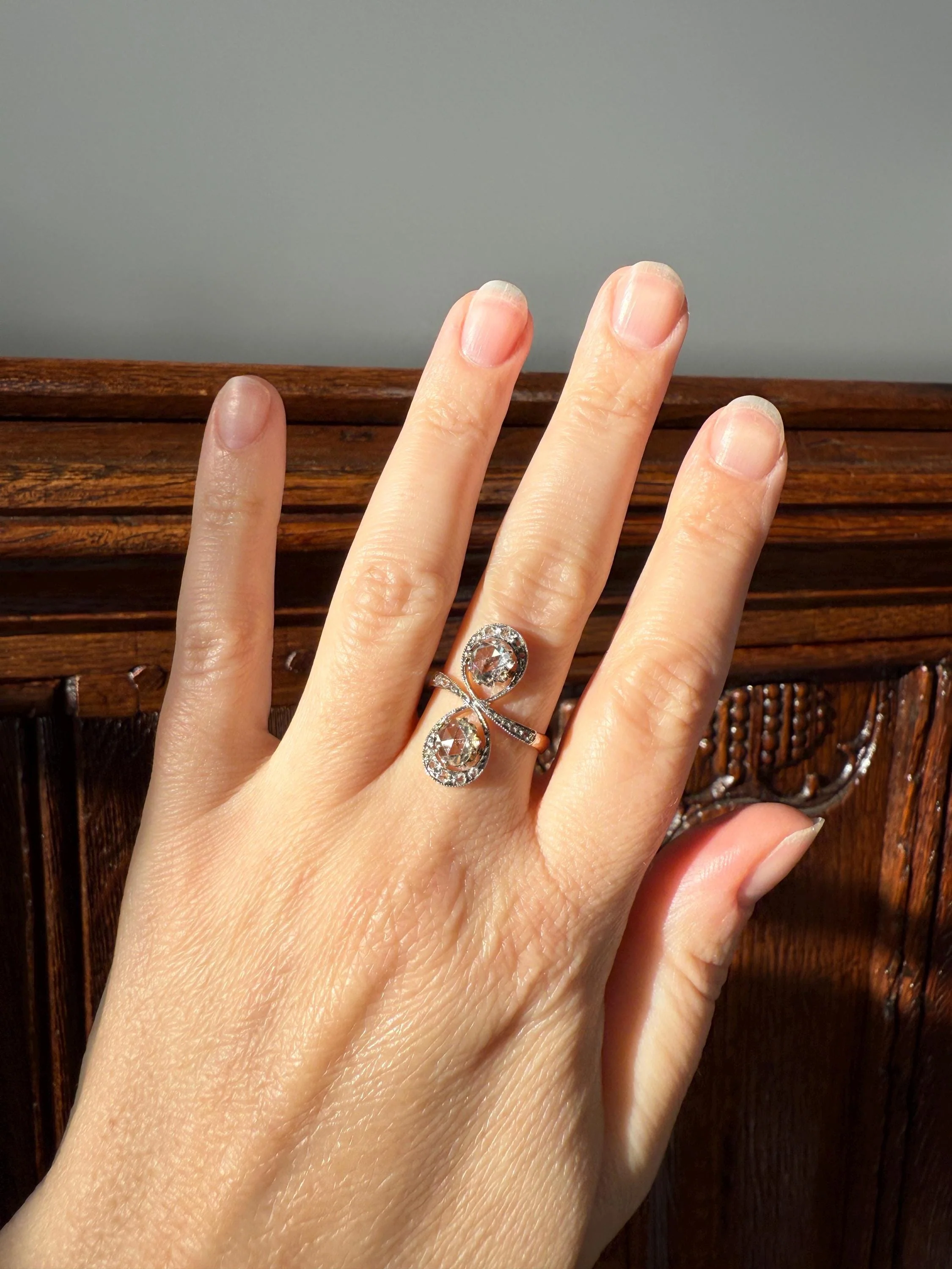 Belle Epoque Antique Rose Cut DIAMOND Toi et Moi Ring 1.5 Carat Face Up 18k Gold Victorian Infinity Figure 8 Swirl Art Nouveau Movement - Image 3