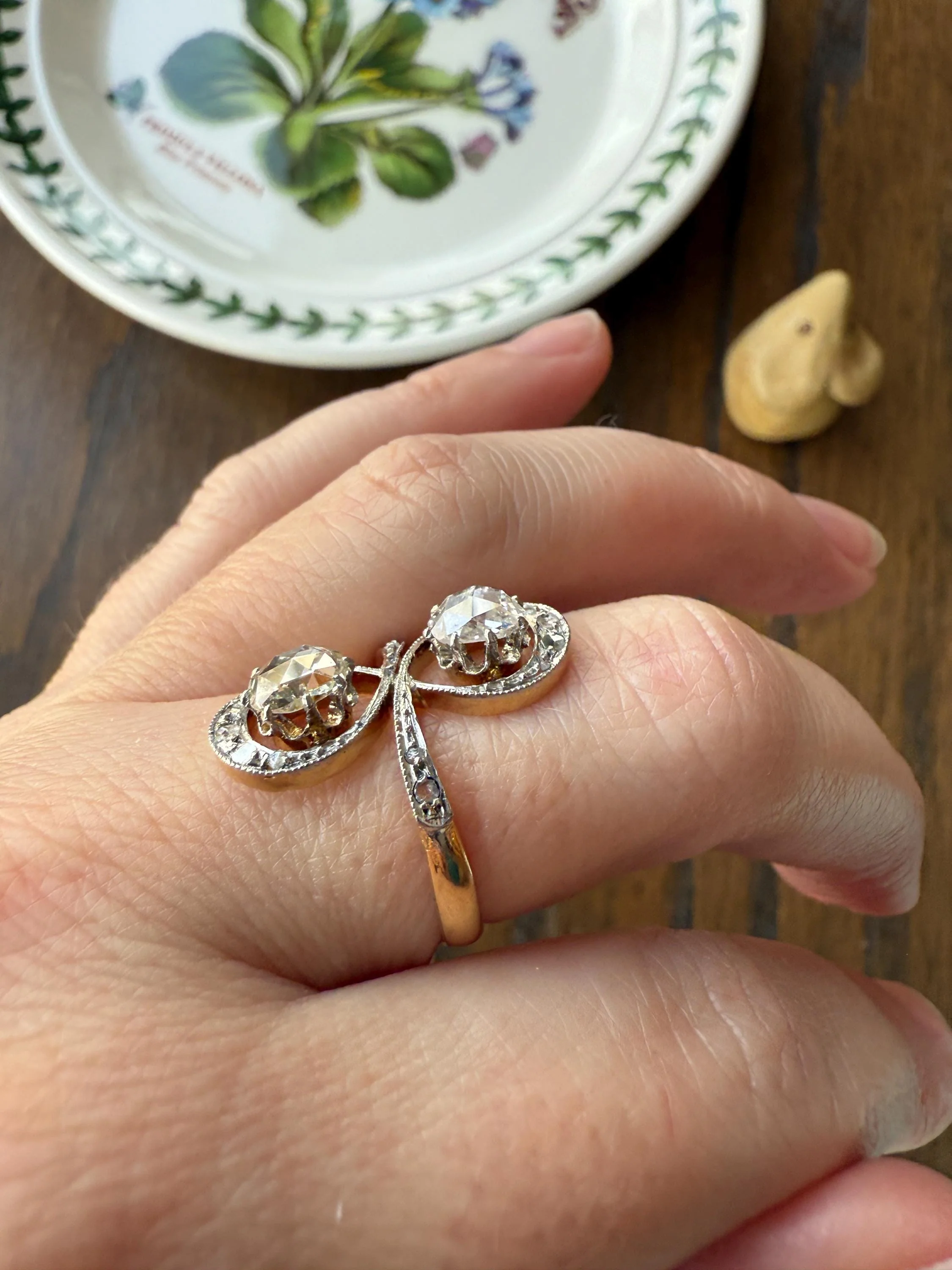 Belle Epoque Antique Rose Cut DIAMOND Toi et Moi Ring 1.5 Carat Face Up 18k Gold Victorian Infinity Figure 8 Swirl Art Nouveau Movement - Image 5