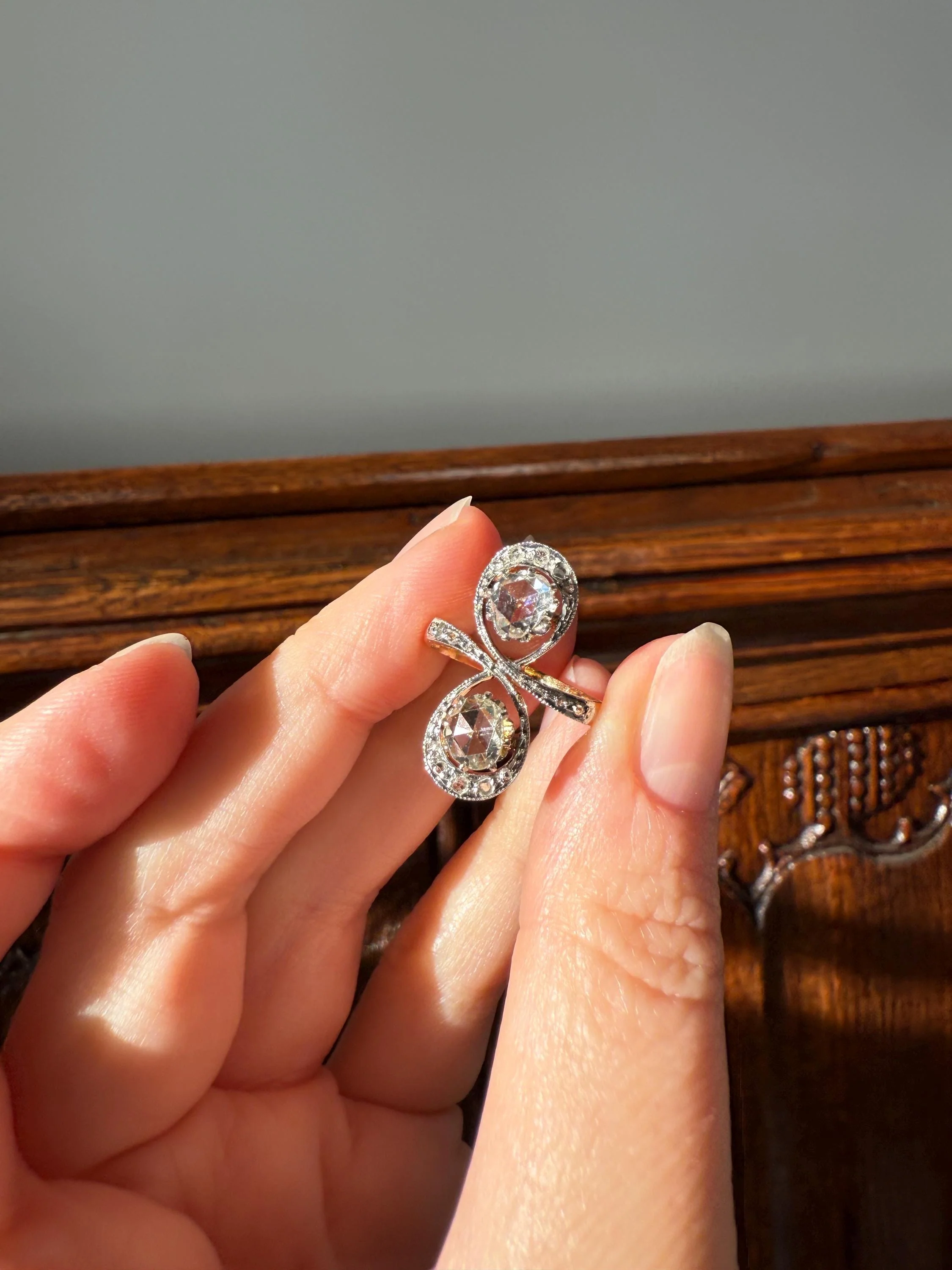 Belle Epoque Antique Rose Cut DIAMOND Toi et Moi Ring 1.5 Carat Face Up 18k Gold Victorian Infinity Figure 8 Swirl Art Nouveau Movement - Image 6