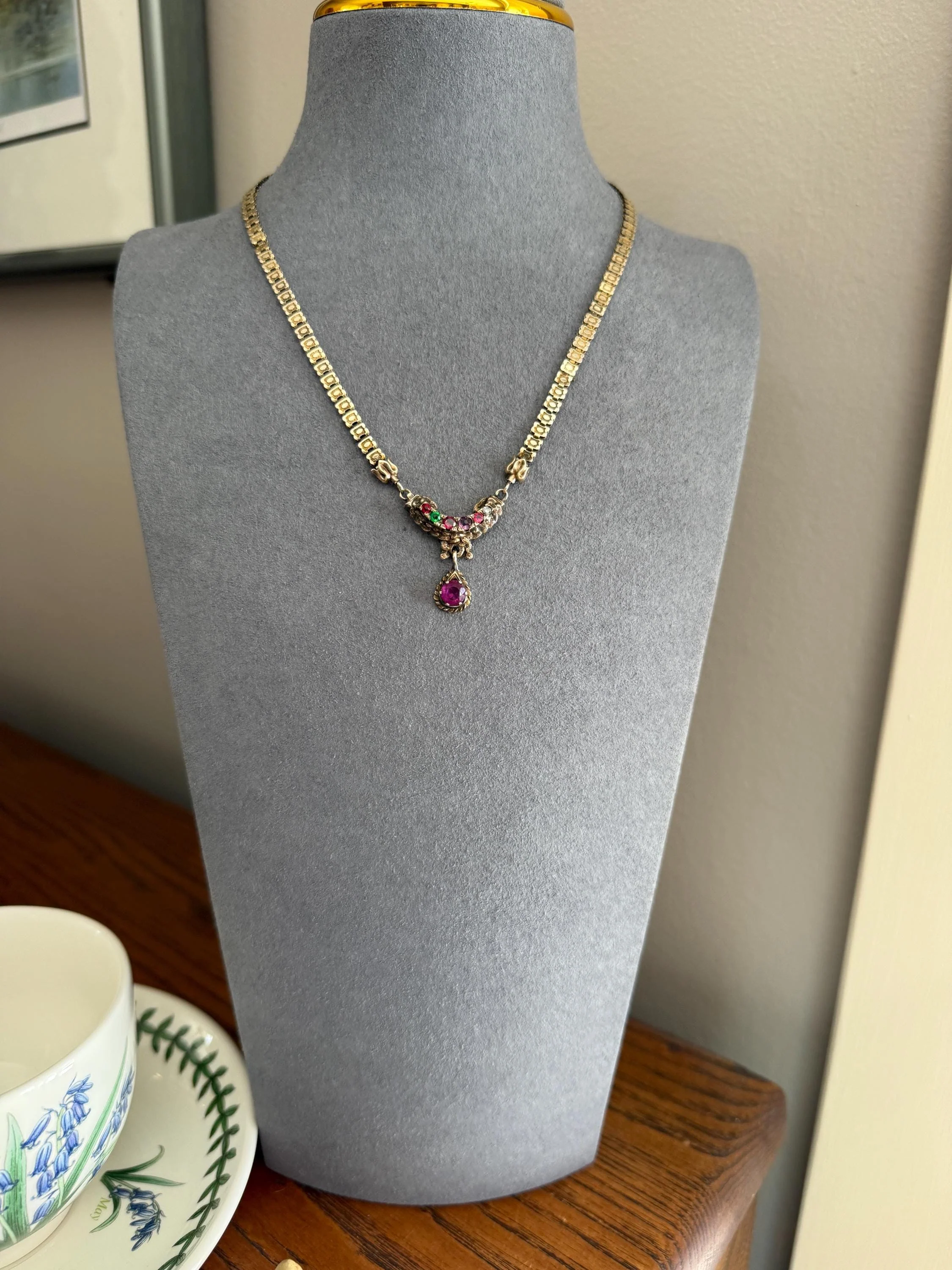 Belle's REGARD Rose Cut Diamond Paste Amethyst Garnet Emerald Antique VICTORIAN Book Chain Necklace Pendant 10k Pale Gold Figural Acrostic - Image 10