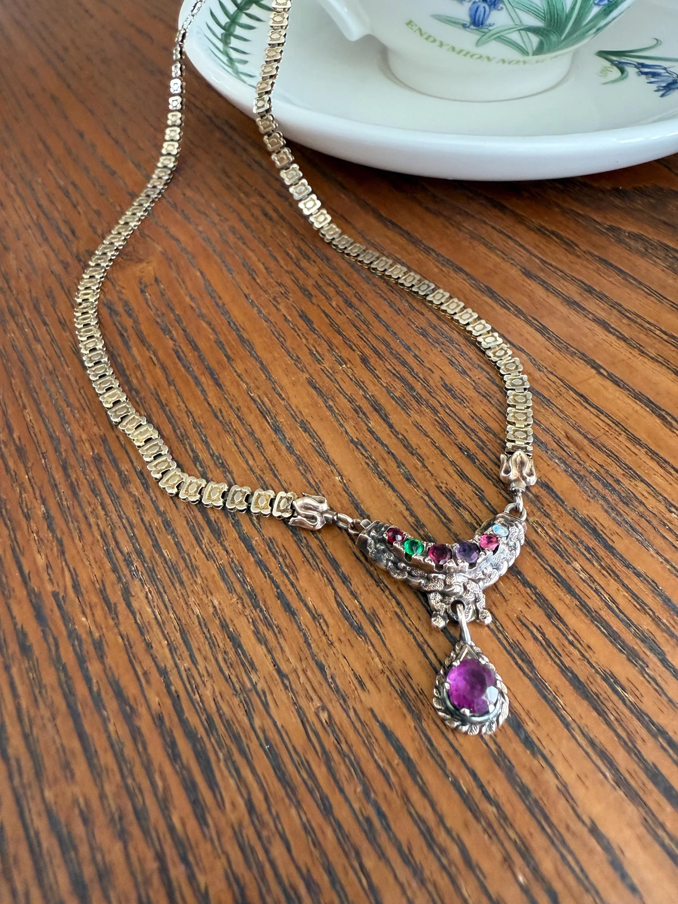 Belle's REGARD Rose Cut Diamond Paste Amethyst Garnet Emerald Antique VICTORIAN Book Chain Necklace Pendant 10k Pale Gold Figural Acrostic - Image 11