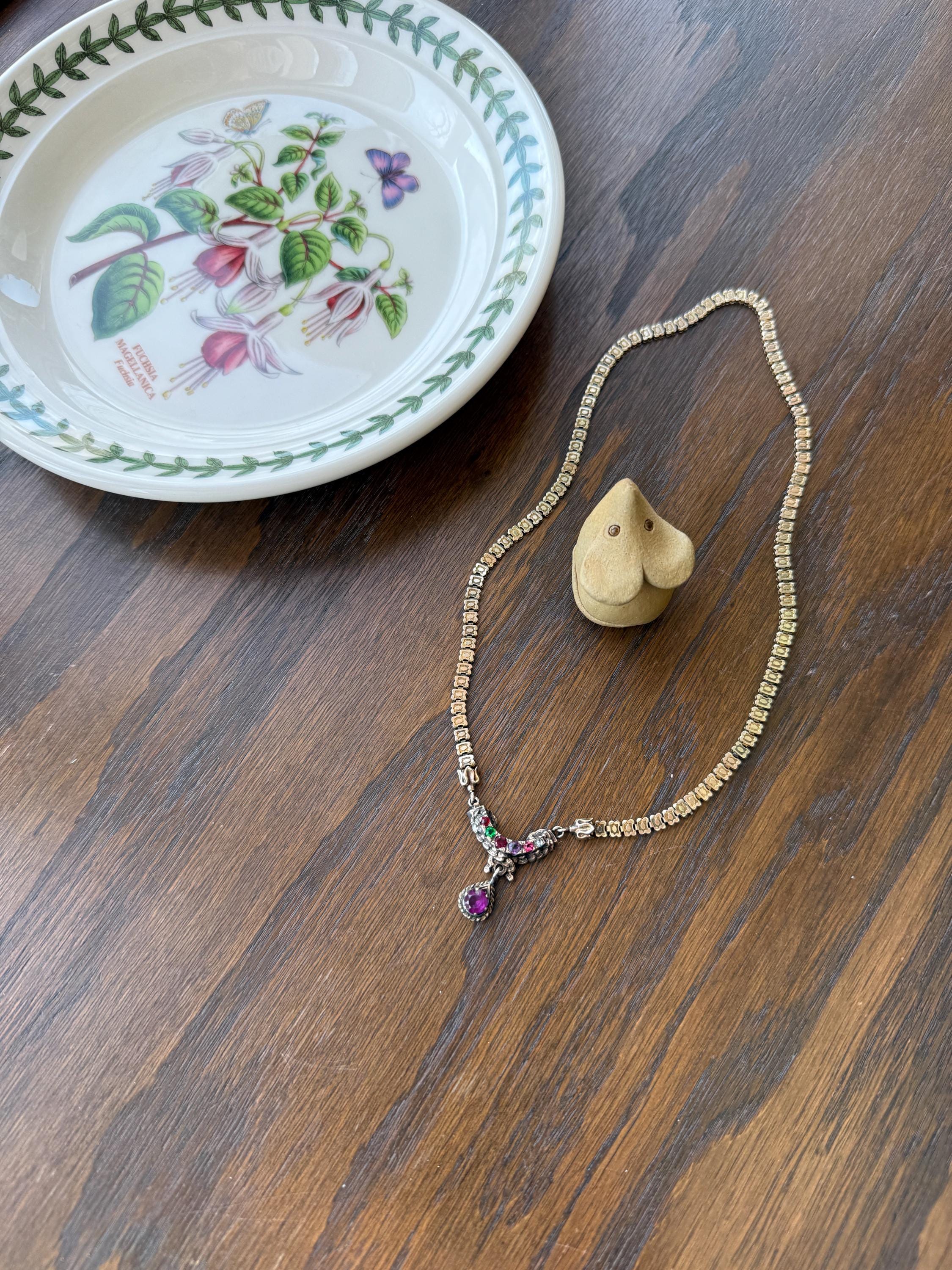 Belle's REGARD Rose Cut Diamond Paste Amethyst Garnet Emerald Antique VICTORIAN Book Chain Necklace Pendant 10k Pale Gold Figural Acrostic - Image 12