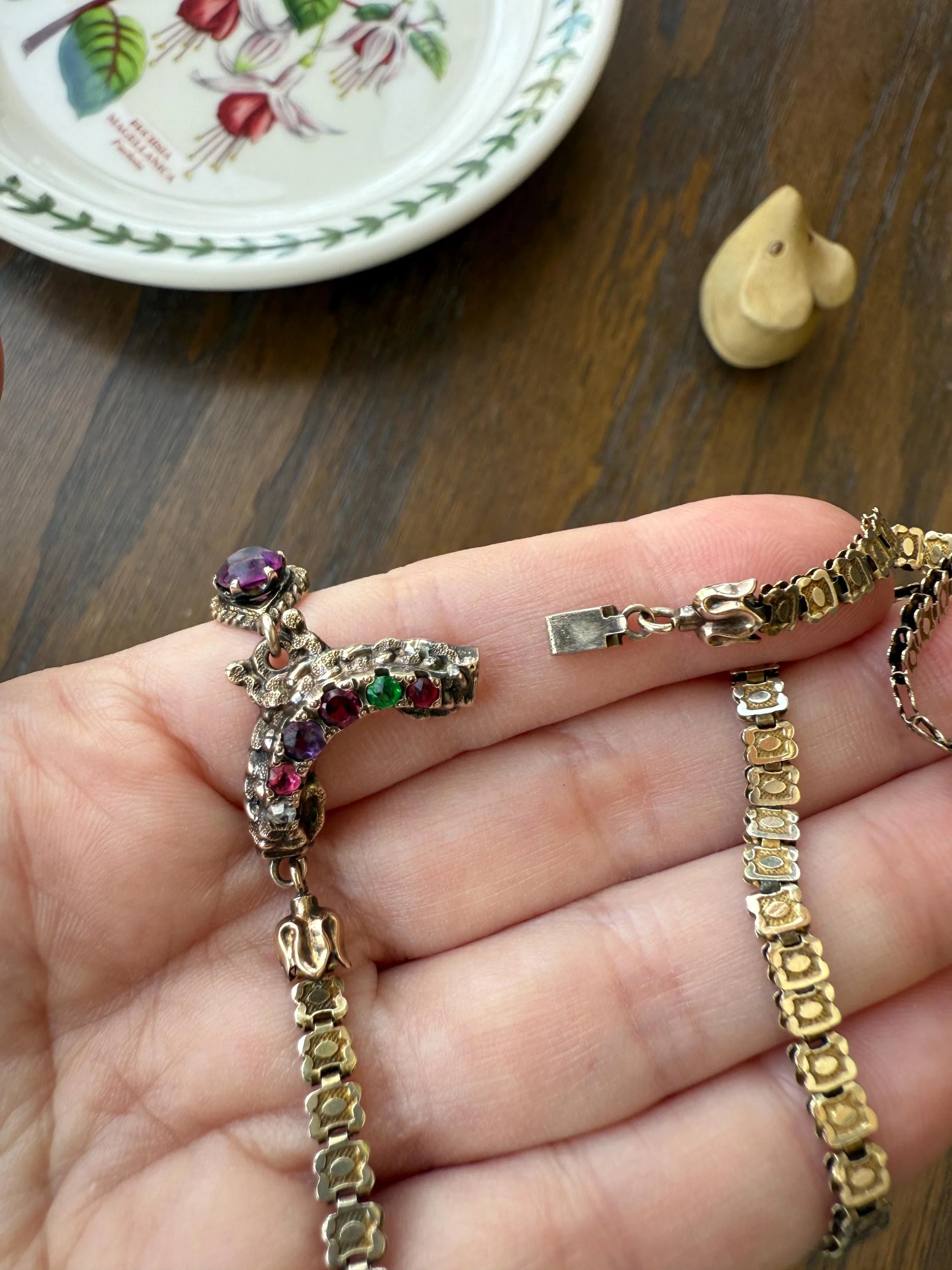 Belle's REGARD Rose Cut Diamond Paste Amethyst Garnet Emerald Antique VICTORIAN Book Chain Necklace Pendant 10k Pale Gold Figural Acrostic - Image 13