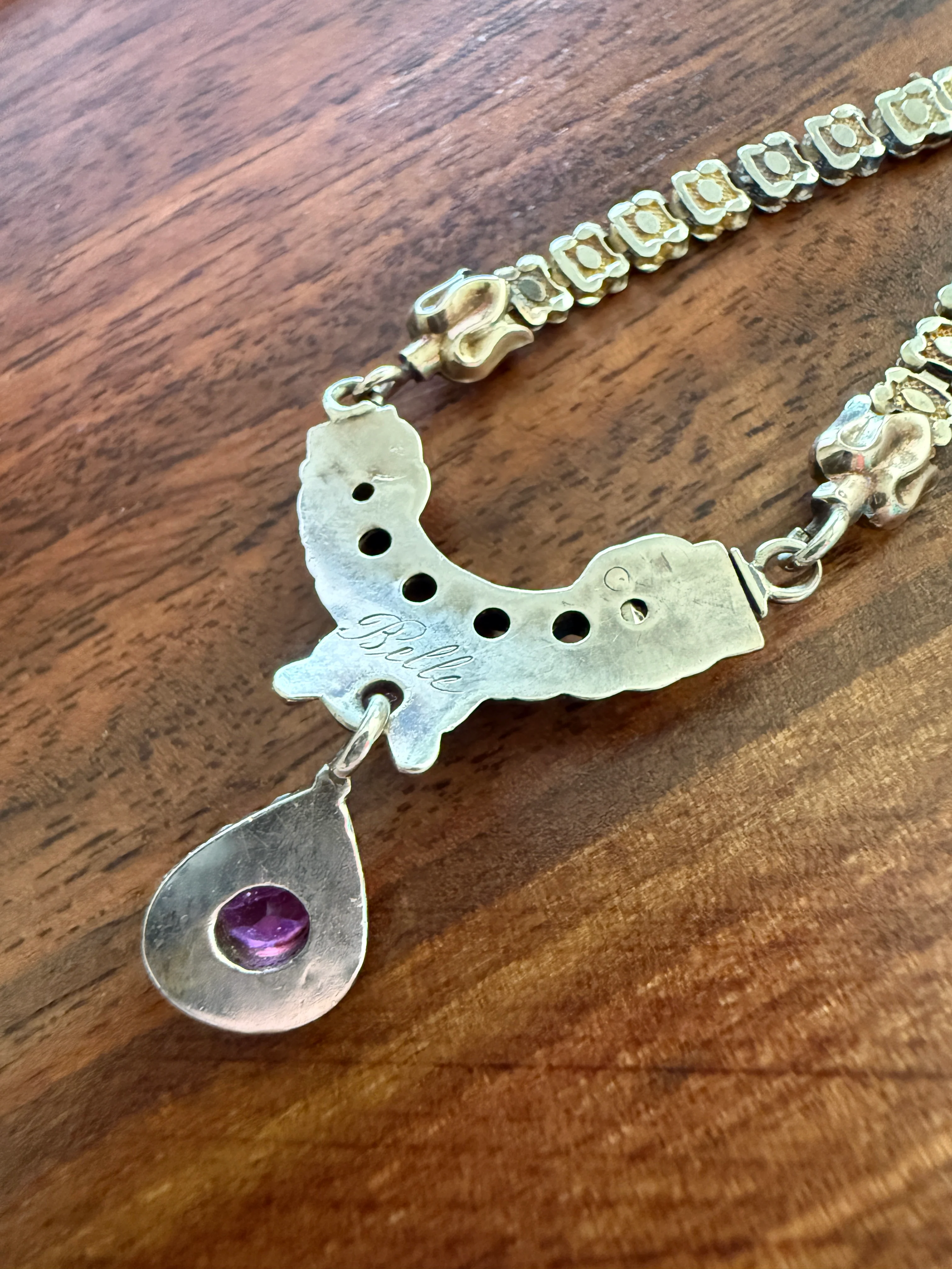 Belle's REGARD Rose Cut Diamond Paste Amethyst Garnet Emerald Antique VICTORIAN Book Chain Necklace Pendant 10k Pale Gold Figural Acrostic - Image 14