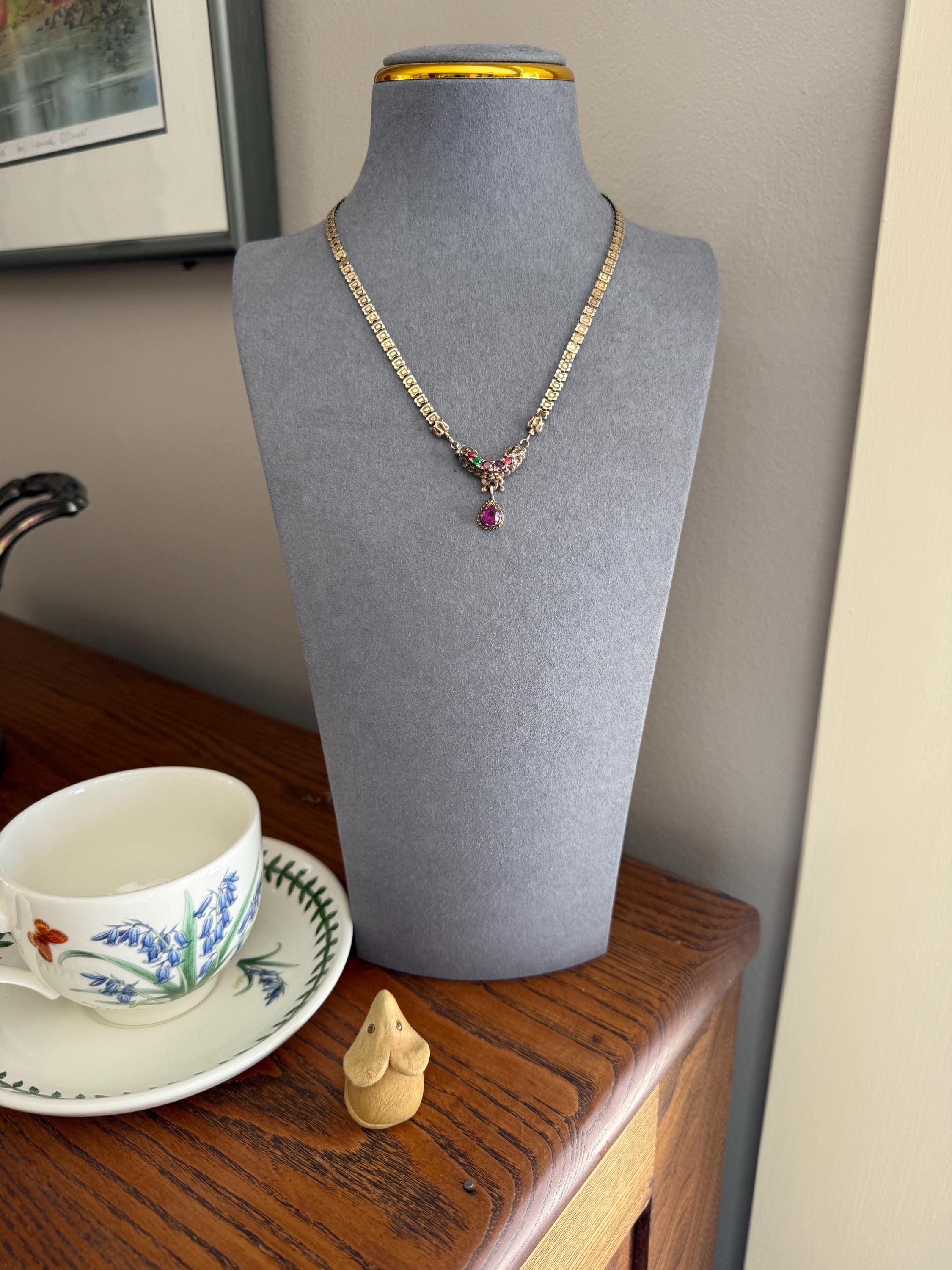 Belle's REGARD Rose Cut Diamond Paste Amethyst Garnet Emerald Antique VICTORIAN Book Chain Necklace Pendant 10k Pale Gold Figural Acrostic - Image 2