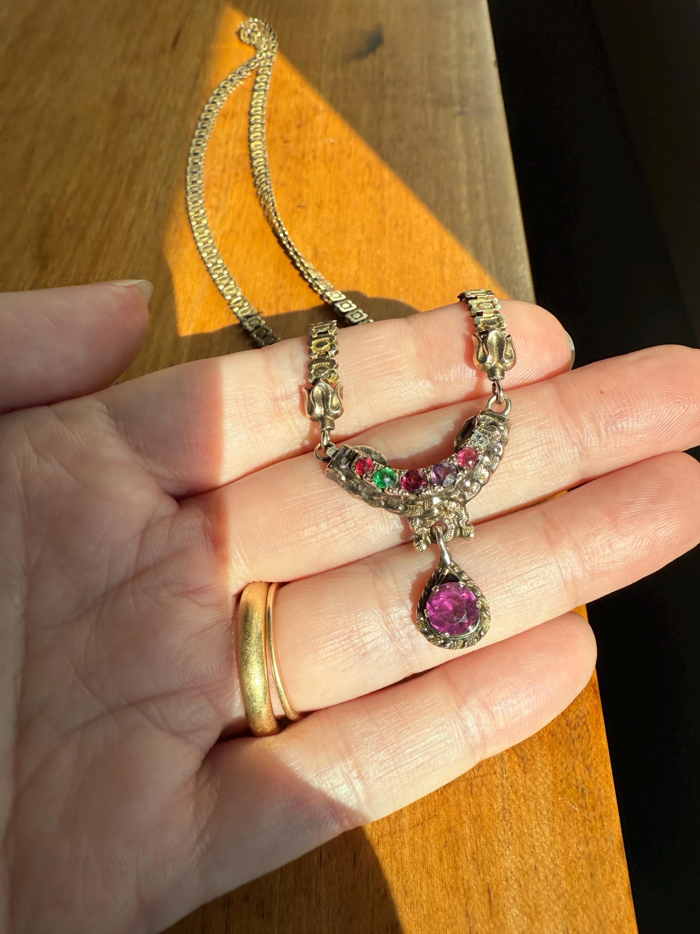 Belle's REGARD Rose Cut Diamond Paste Amethyst Garnet Emerald Antique VICTORIAN Book Chain Necklace Pendant 10k Pale Gold Figural Acrostic - Image 3
