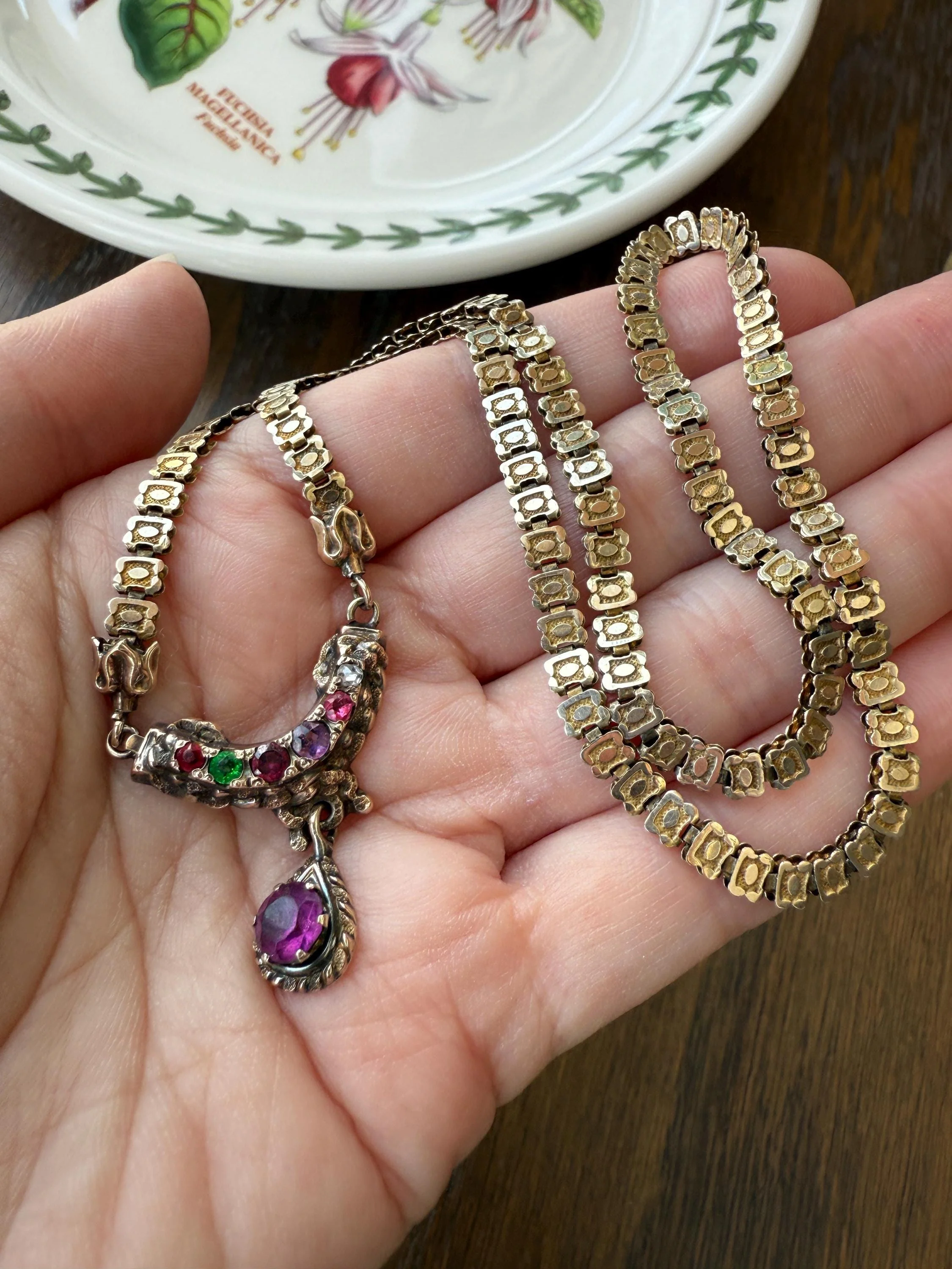 Belle's REGARD Rose Cut Diamond Paste Amethyst Garnet Emerald Antique VICTORIAN Book Chain Necklace Pendant 10k Pale Gold Figural Acrostic - Image 5