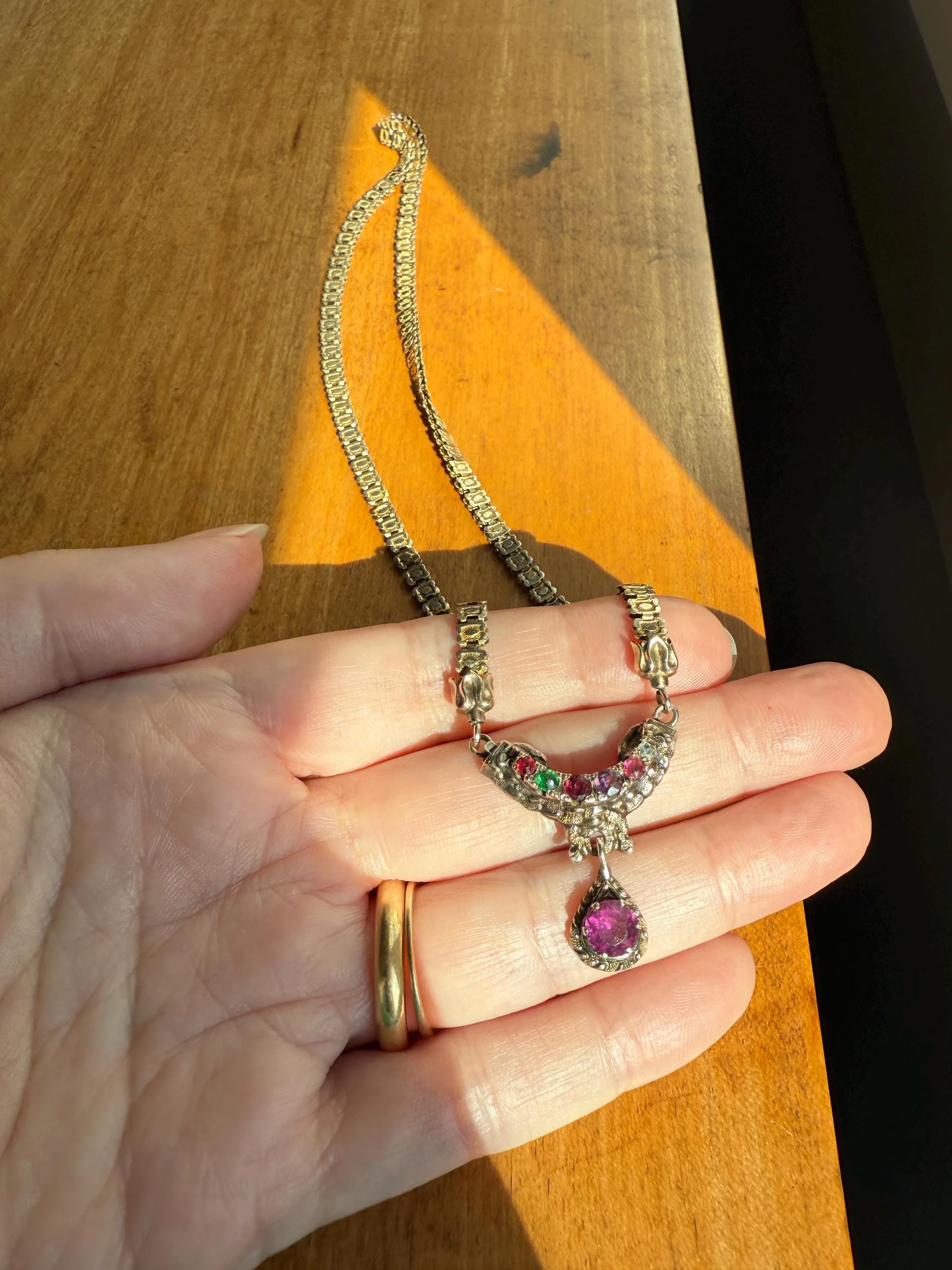 Belle's REGARD Rose Cut Diamond Paste Amethyst Garnet Emerald Antique VICTORIAN Book Chain Necklace Pendant 10k Pale Gold Figural Acrostic - Image 6