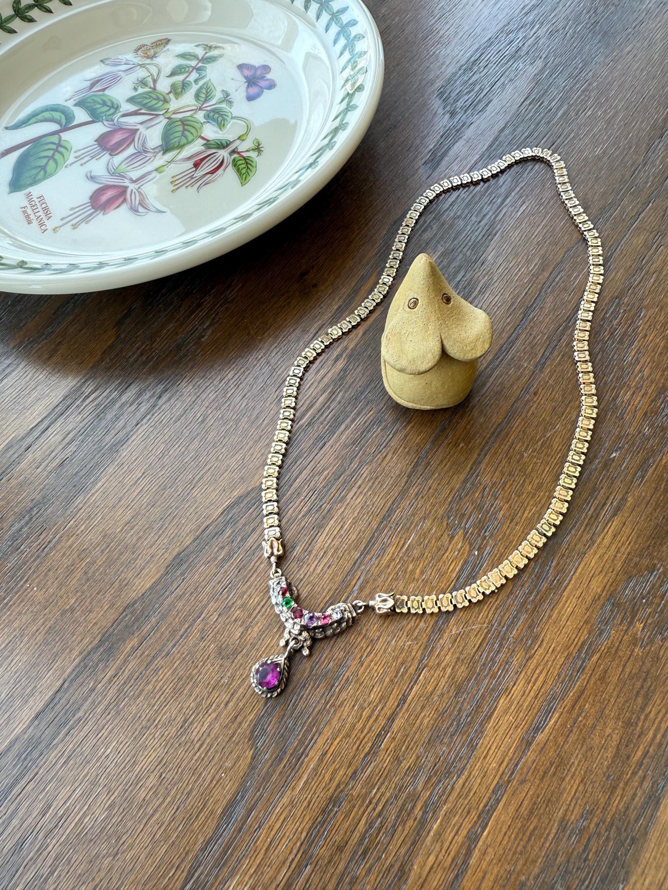 Belle's REGARD Rose Cut Diamond Paste Amethyst Garnet Emerald Antique VICTORIAN Book Chain Necklace Pendant 10k Pale Gold Figural Acrostic - Image 9