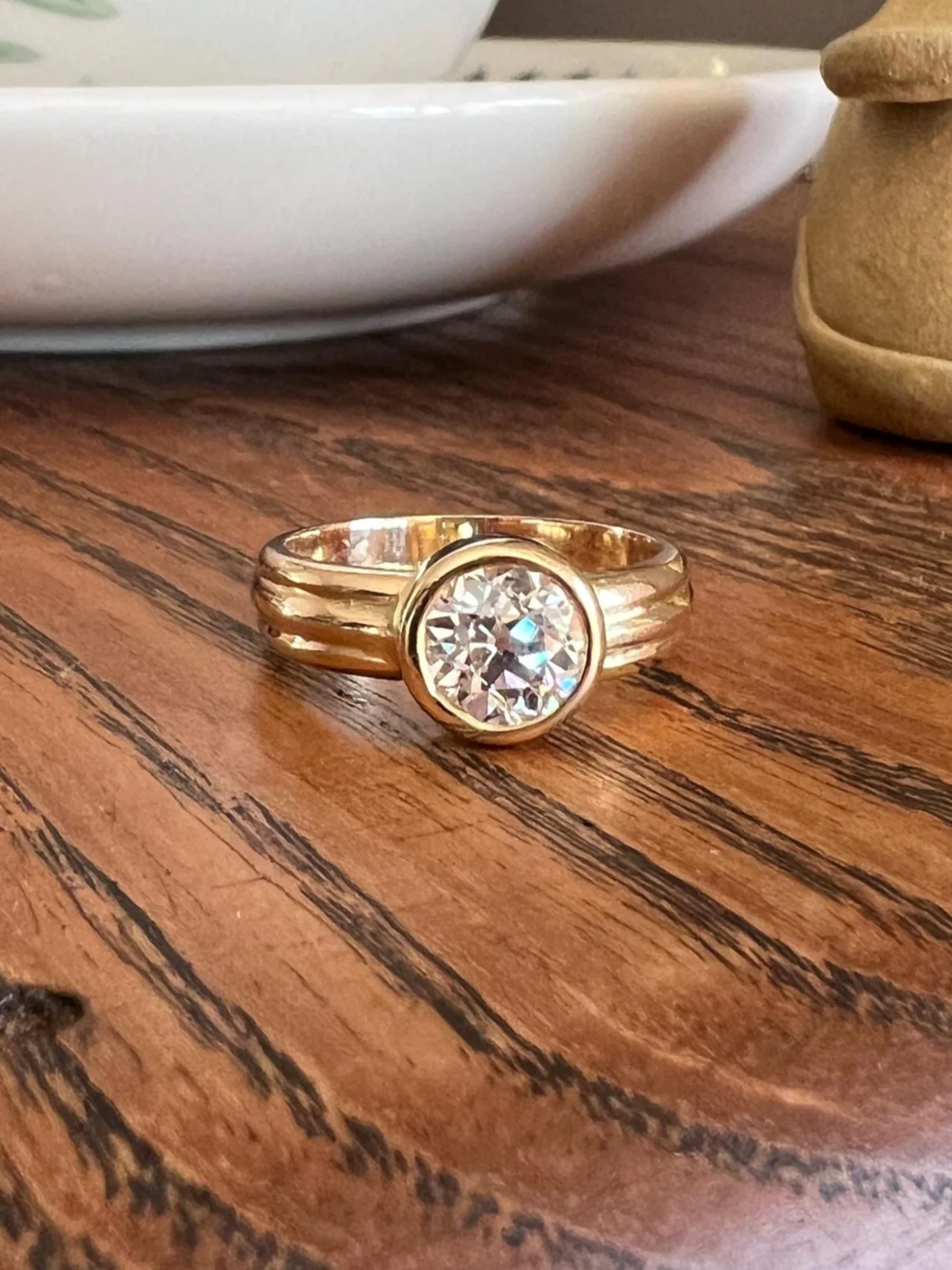 Bezel Set 1.4 Carat Old Mine Cut DIAMOND Antique Stone 18k Gold Gypsy Ring Solitaire Engagement Chunky Wide Band Stacker
