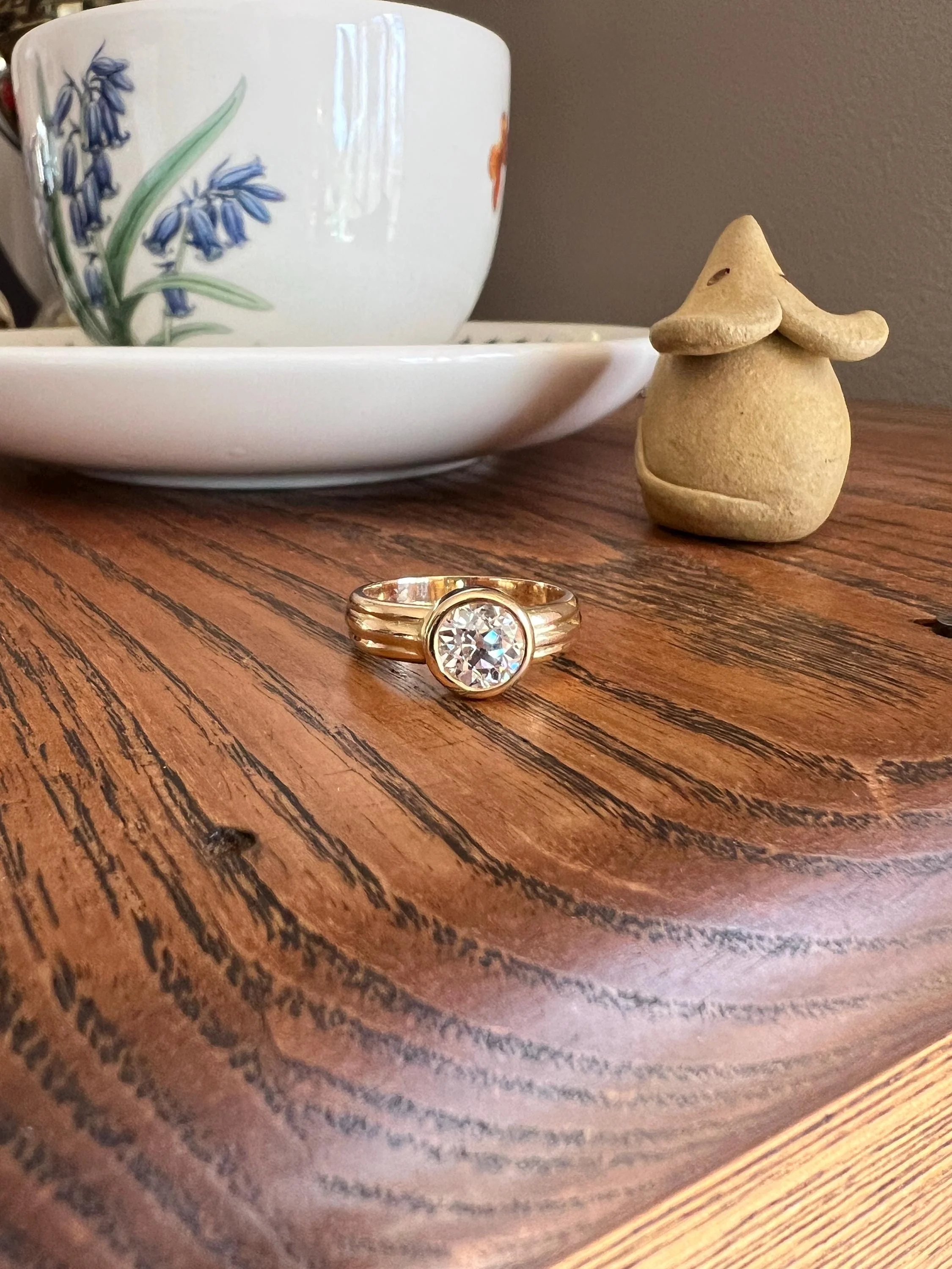 Bezel Set 1.4 Carat Old Mine Cut DIAMOND Antique Stone 18k Gold Gypsy Ring Solitaire Engagement Chunky Wide Band Stacker - Image 11