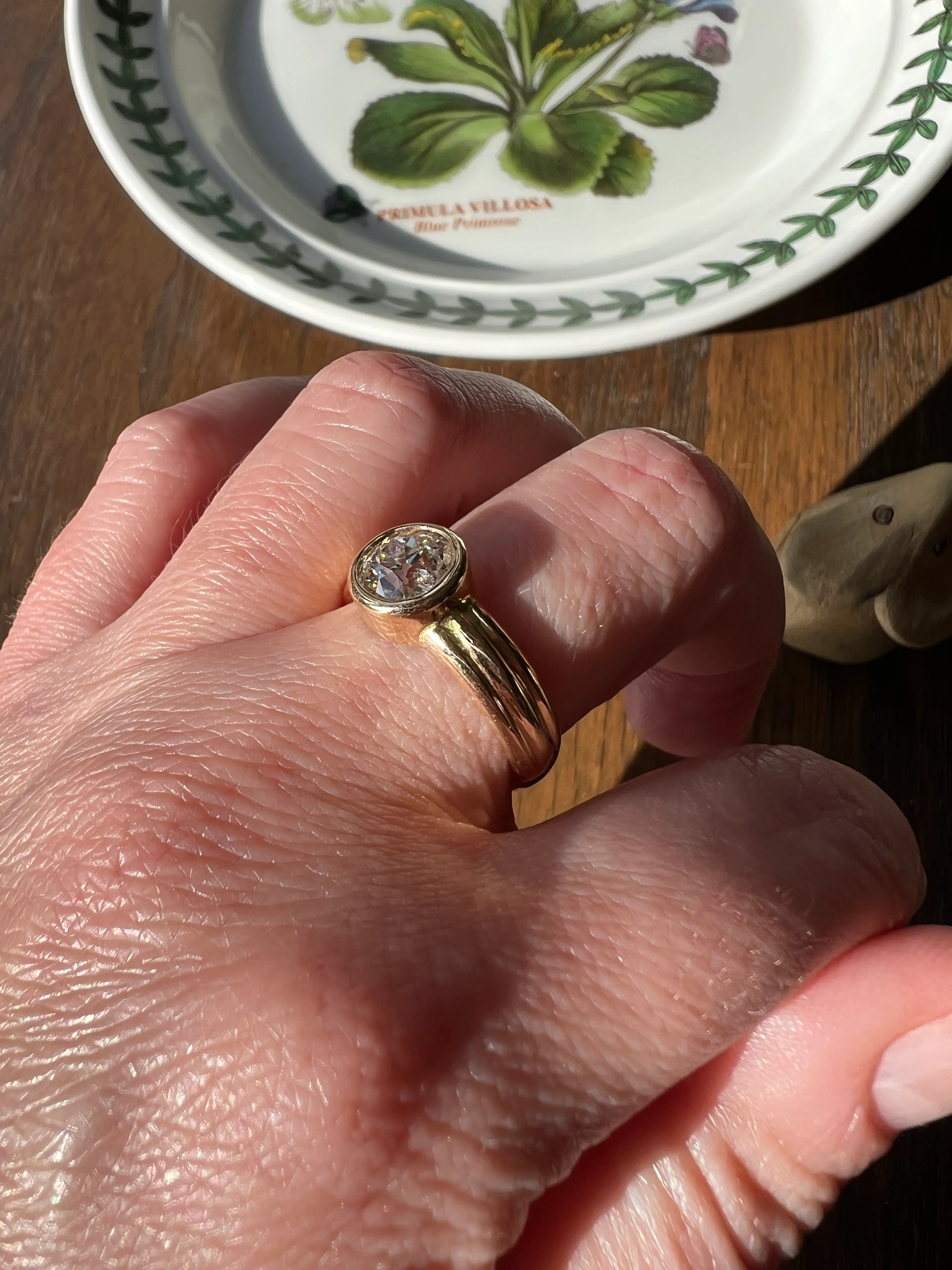 Bezel Set 1.4 Carat Old Mine Cut DIAMOND Antique Stone 18k Gold Gypsy Ring Solitaire Engagement Chunky Wide Band Stacker - Image 18