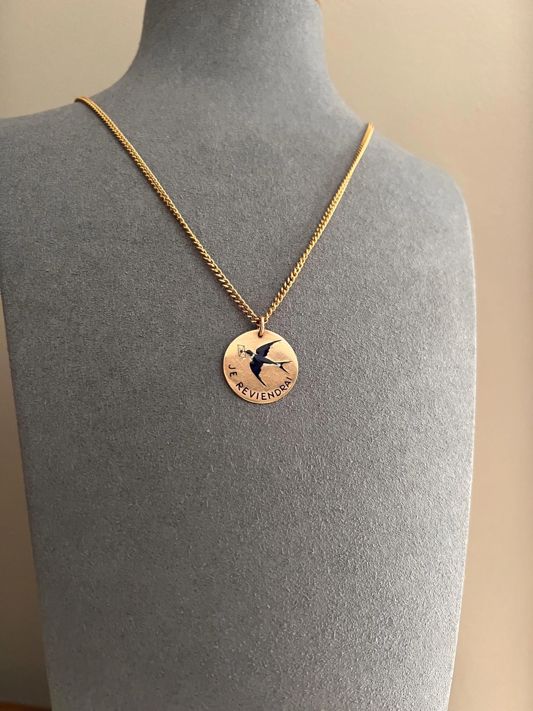 BIRD Swallow ENAMEL French Antique " I Will Return Again “ 18k Gold Solid Art Nouveau Blackbird Blue Pendant - Image 2