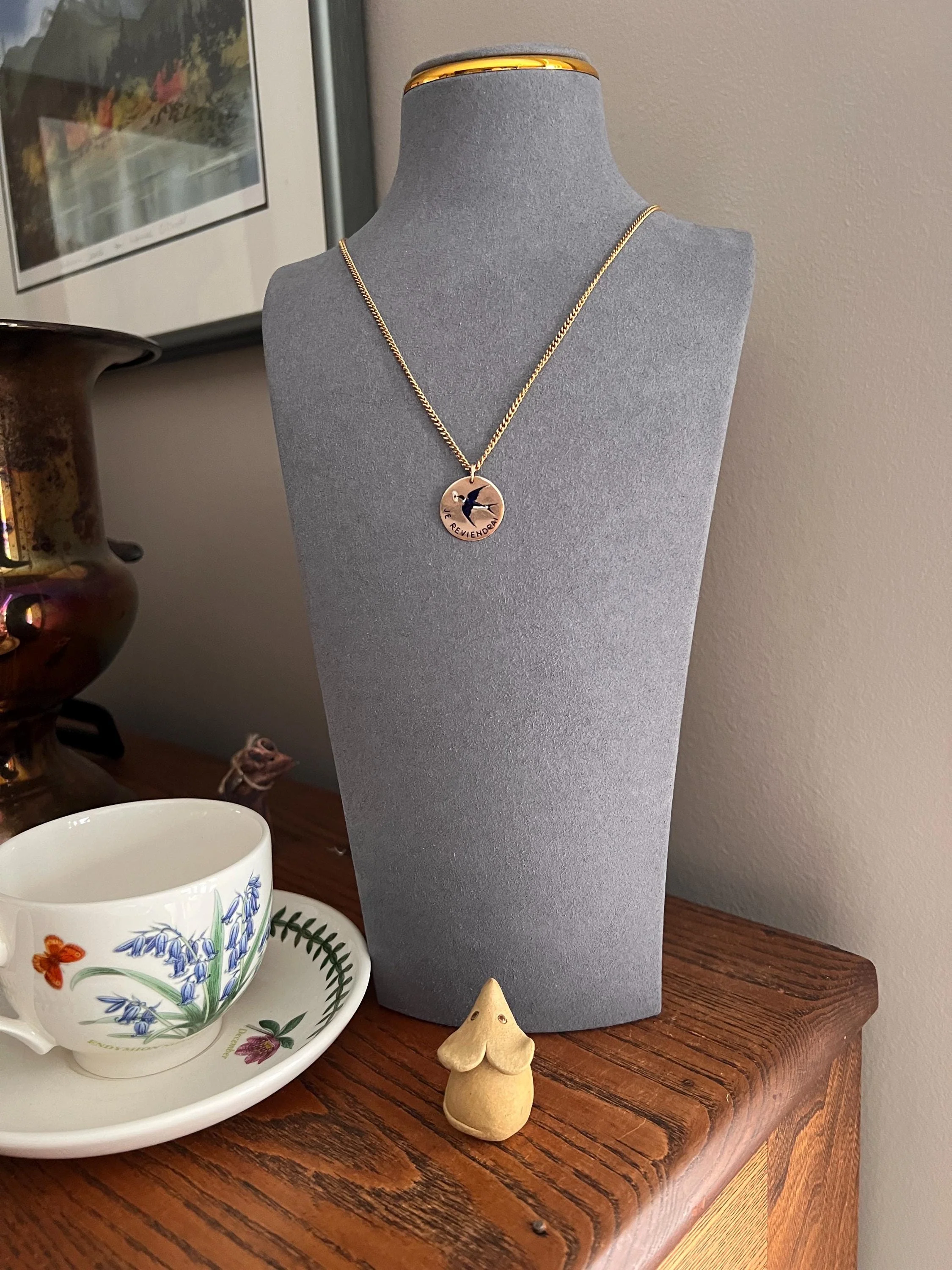 BIRD Swallow ENAMEL French Antique " I Will Return Again “ 18k Gold Solid Art Nouveau Blackbird Blue Pendant - Image 3