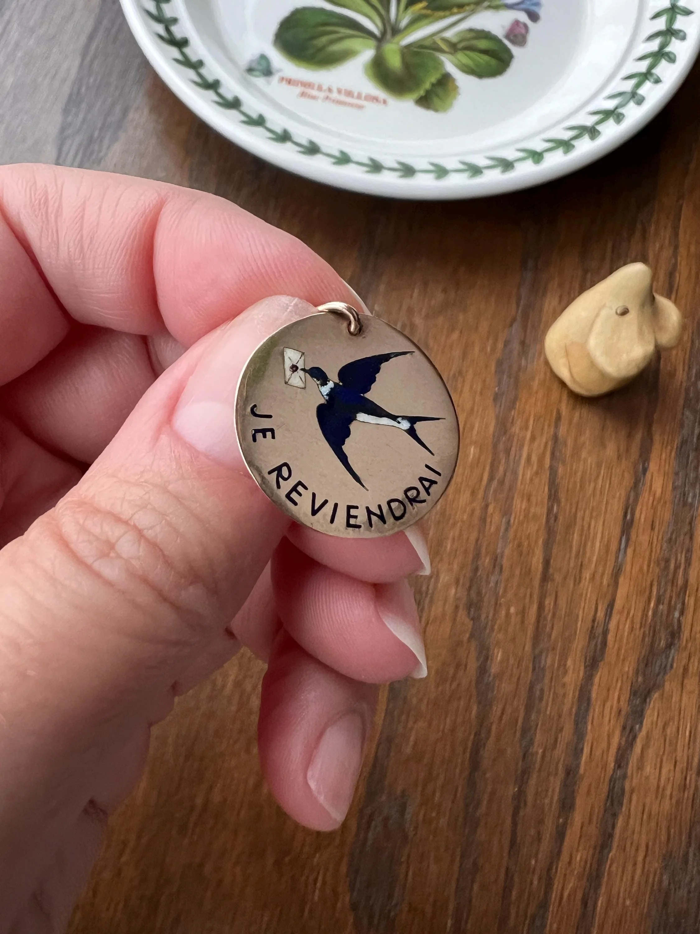 BIRD Swallow ENAMEL French Antique " I Will Return Again “ 18k Gold Solid Art Nouveau Blackbird Blue Pendant - Image 4