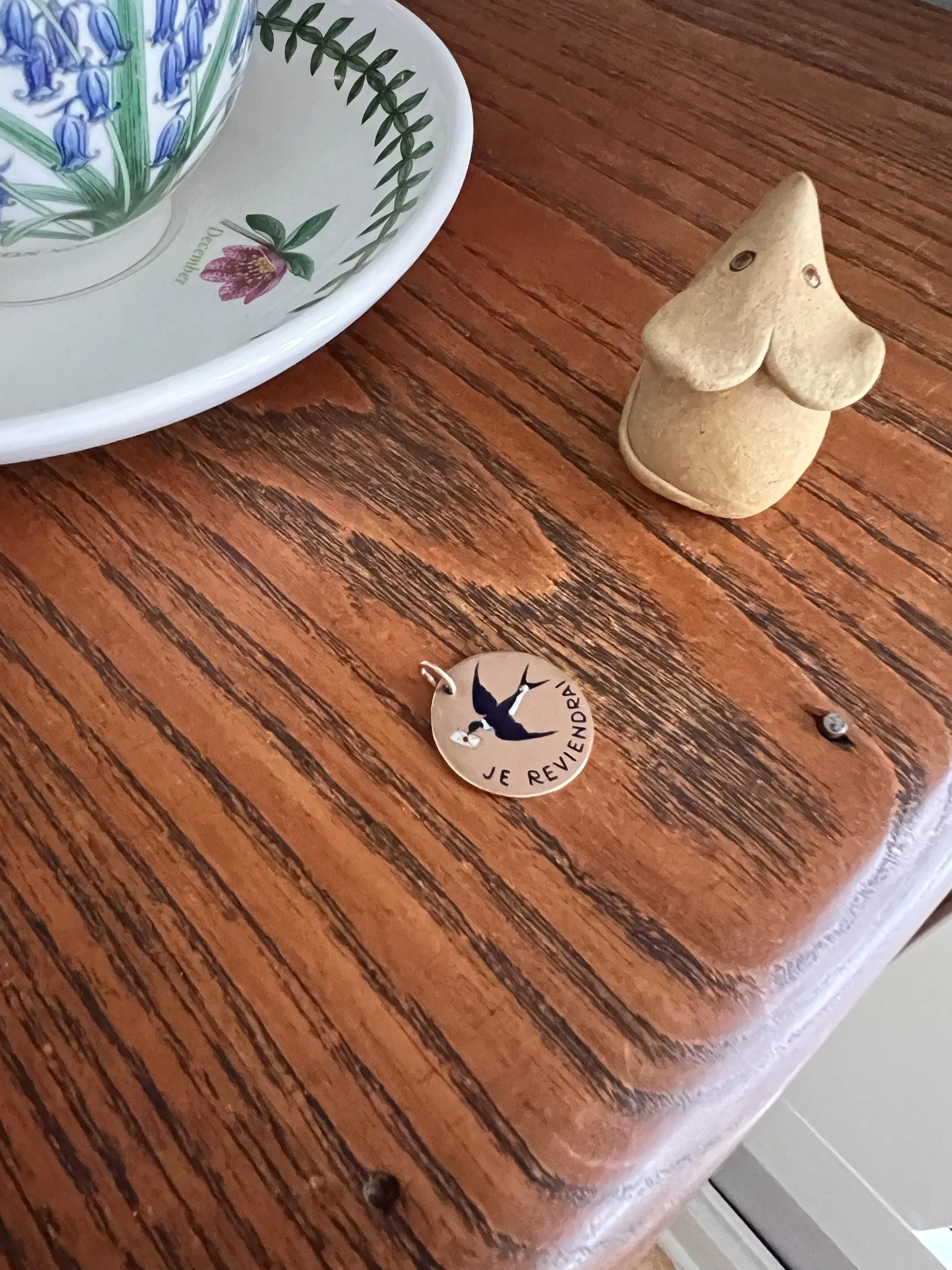 BIRD Swallow ENAMEL French Antique " I Will Return Again “ 18k Gold Solid Art Nouveau Blackbird Blue Pendant - Image 5