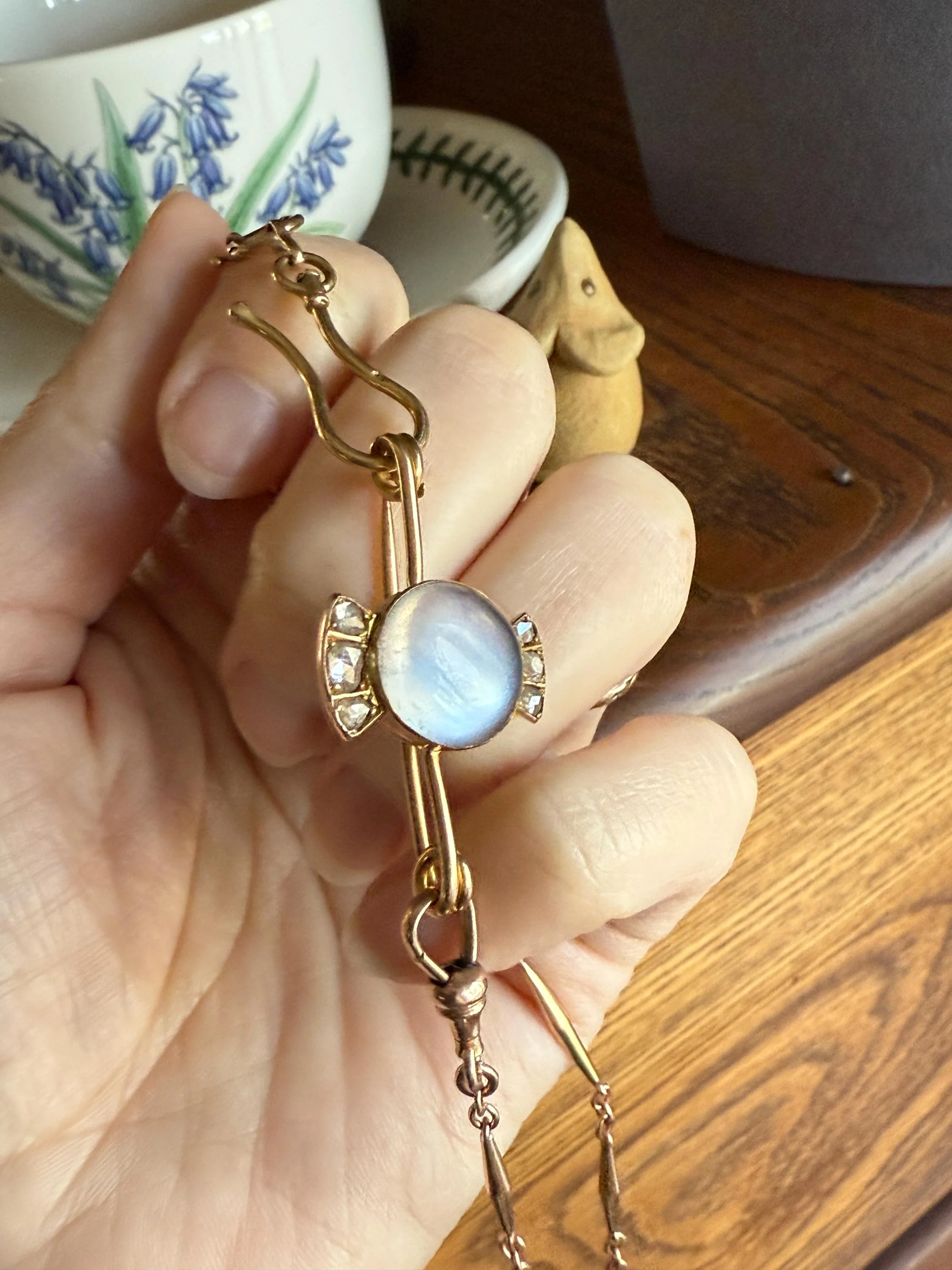 Blue MOONSTONE Victorian Antique Rose Cut DIAMOND Candy Brooch 14k Gold Extender Connector Pendant Safety Pin Charm Holder Glowing Orb - Image 11