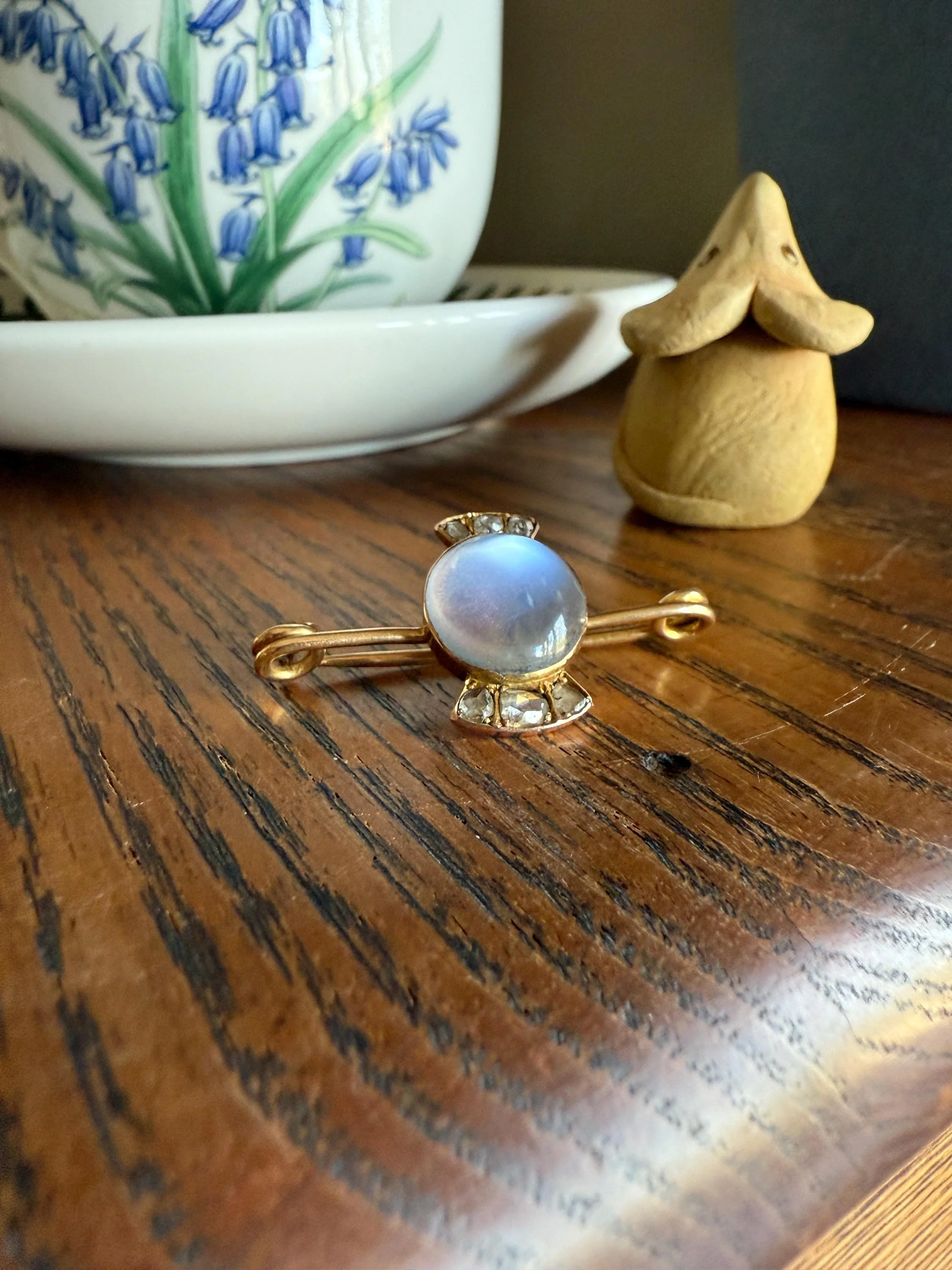 Blue MOONSTONE Victorian Antique Rose Cut DIAMOND Candy Brooch 14k Gold Extender Connector Pendant Safety Pin Charm Holder Glowing Orb - Image 12
