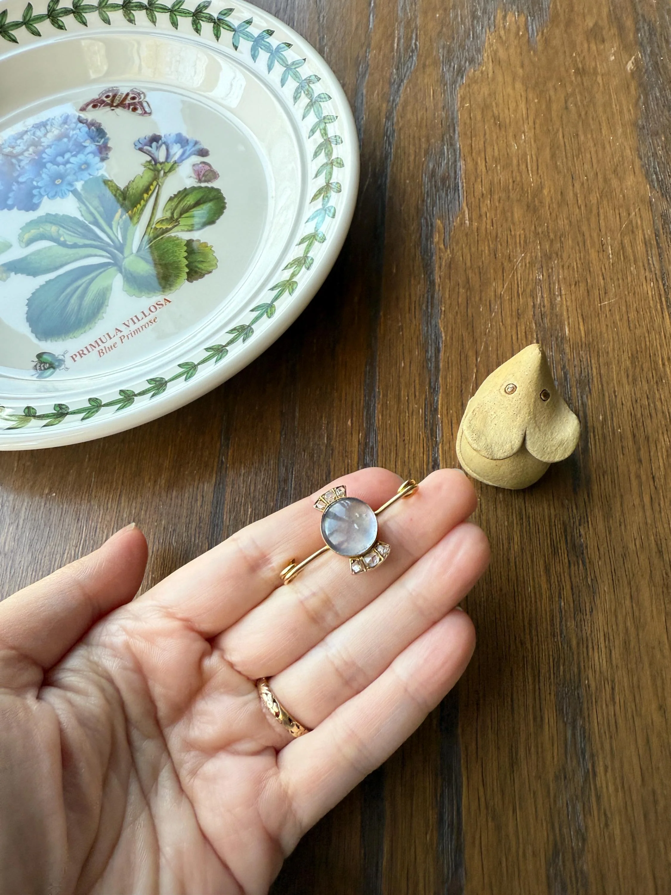 Blue MOONSTONE Victorian Antique Rose Cut DIAMOND Candy Brooch 14k Gold Extender Connector Pendant Safety Pin Charm Holder Glowing Orb - Image 13