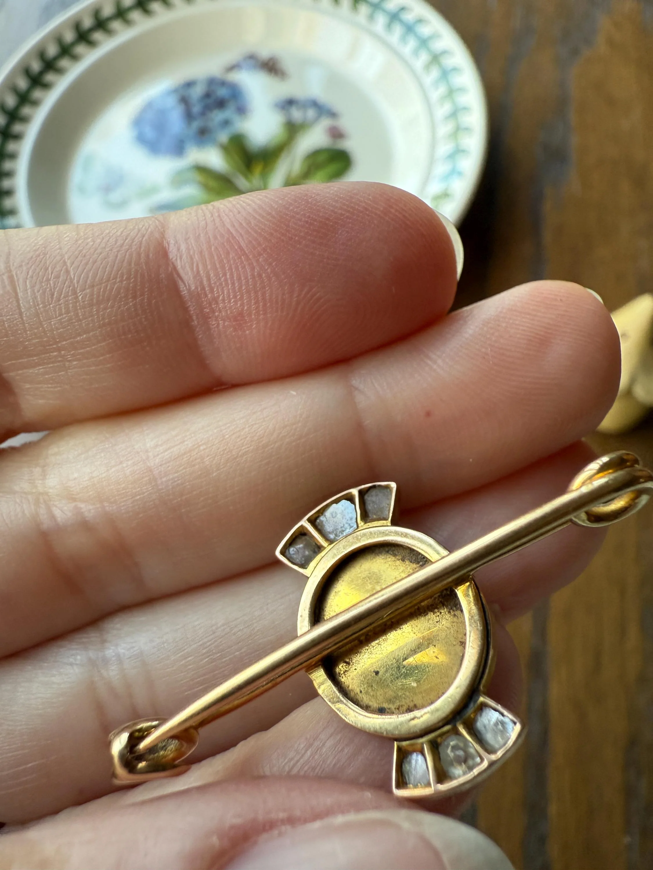 Blue MOONSTONE Victorian Antique Rose Cut DIAMOND Candy Brooch 14k Gold Extender Connector Pendant Safety Pin Charm Holder Glowing Orb - Image 16