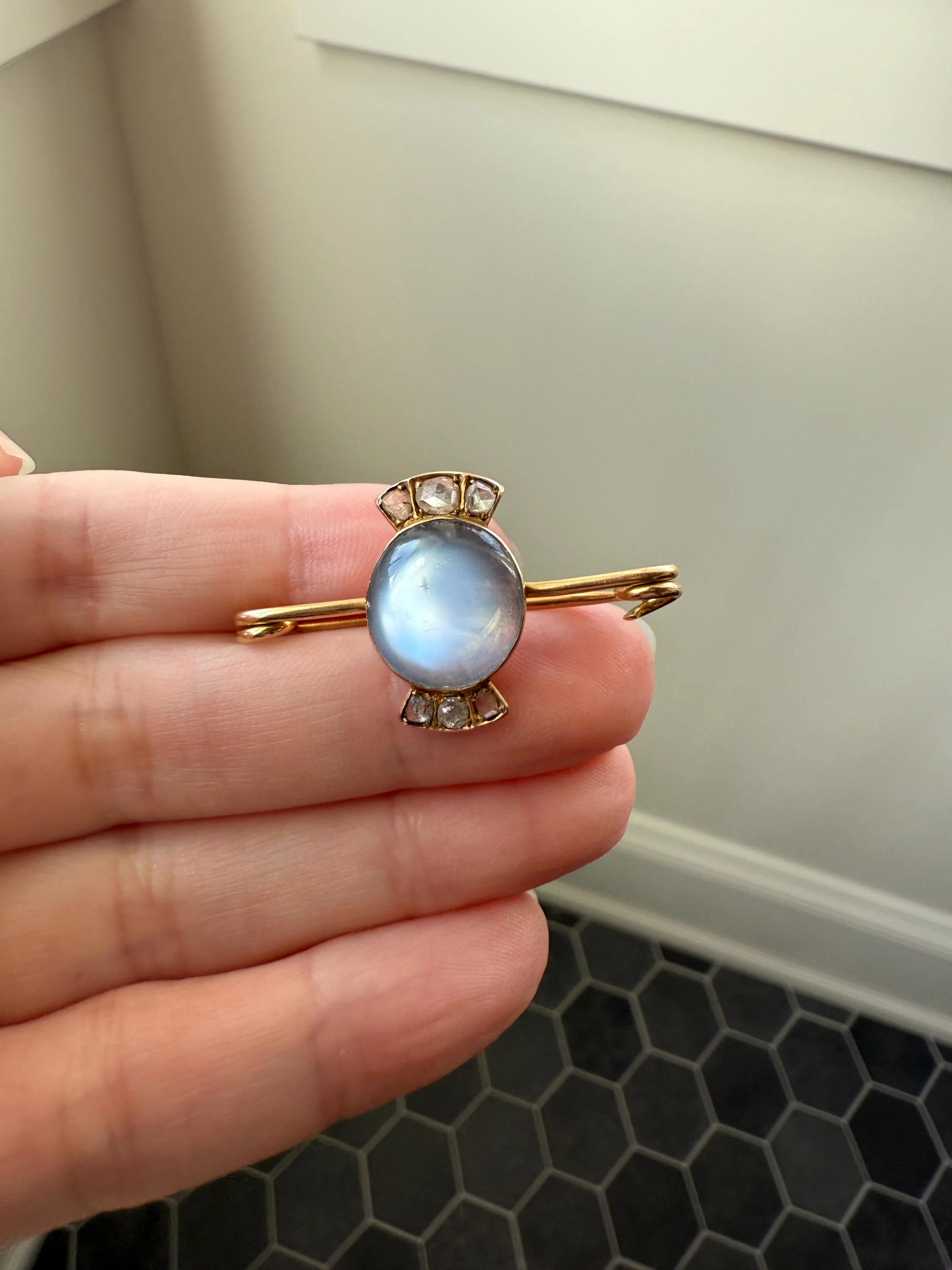 Blue MOONSTONE Victorian Antique Rose Cut DIAMOND Candy Brooch 14k Gold Extender Connector Pendant Safety Pin Charm Holder Glowing Orb - Image 3