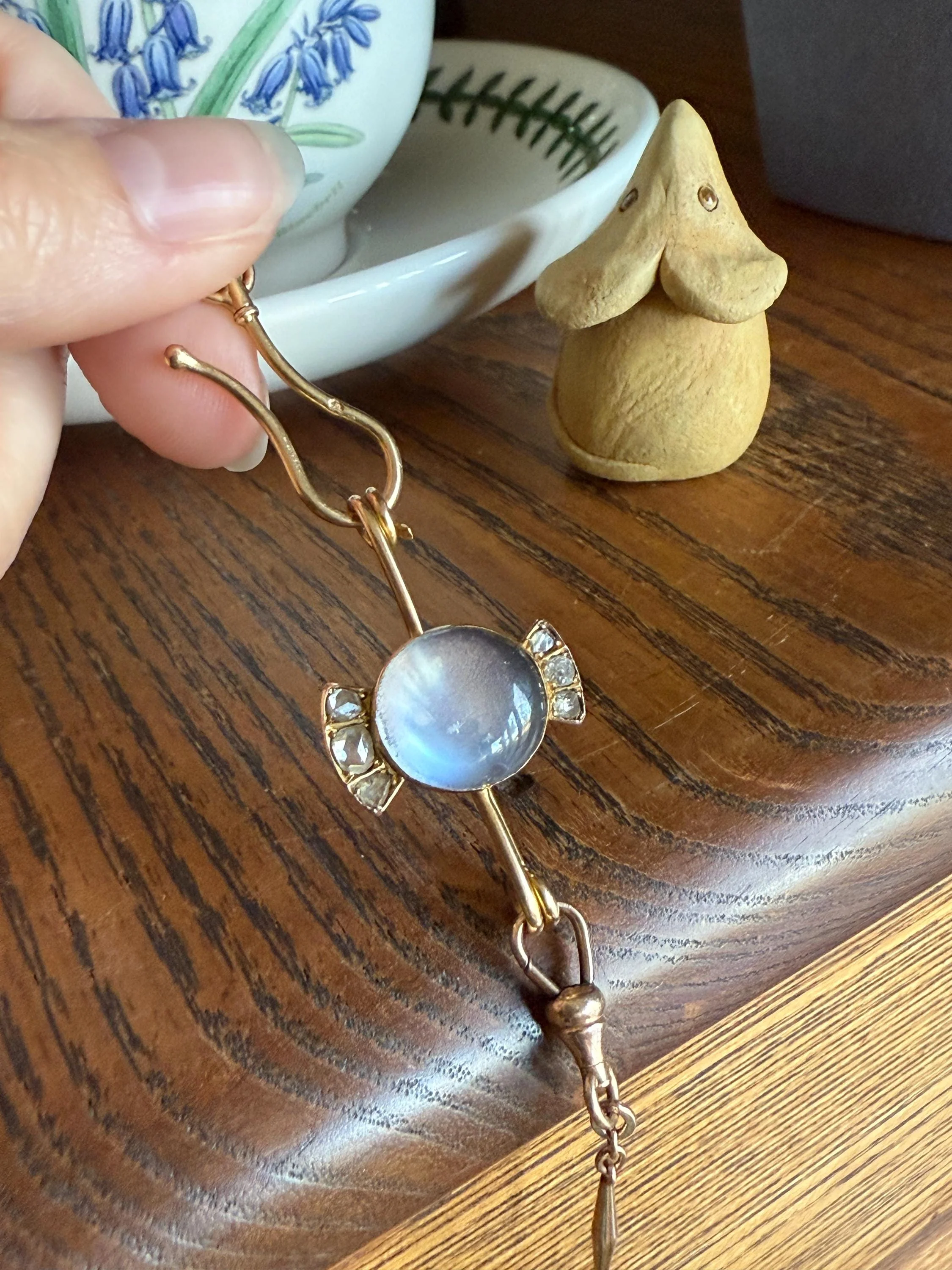 Blue MOONSTONE Victorian Antique Rose Cut DIAMOND Candy Brooch 14k Gold Extender Connector Pendant Safety Pin Charm Holder Glowing Orb - Image 4