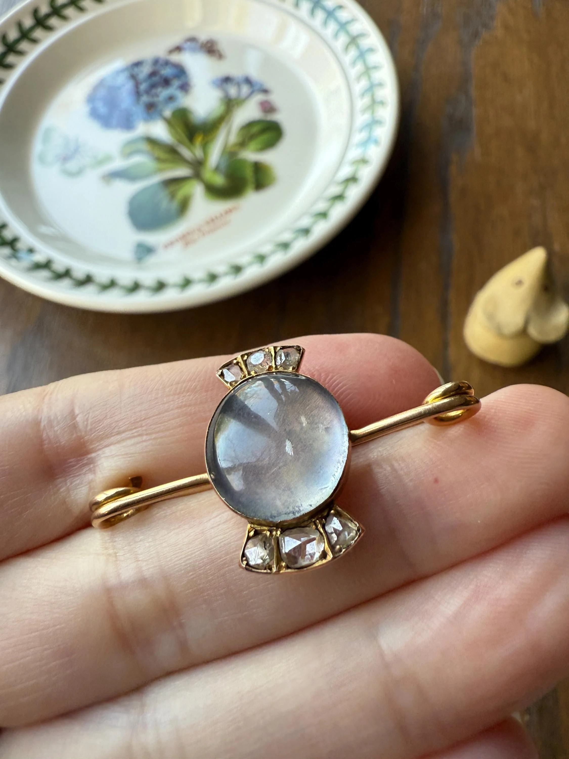 Blue MOONSTONE Victorian Antique Rose Cut DIAMOND Candy Brooch 14k Gold Extender Connector Pendant Safety Pin Charm Holder Glowing Orb - Image 5