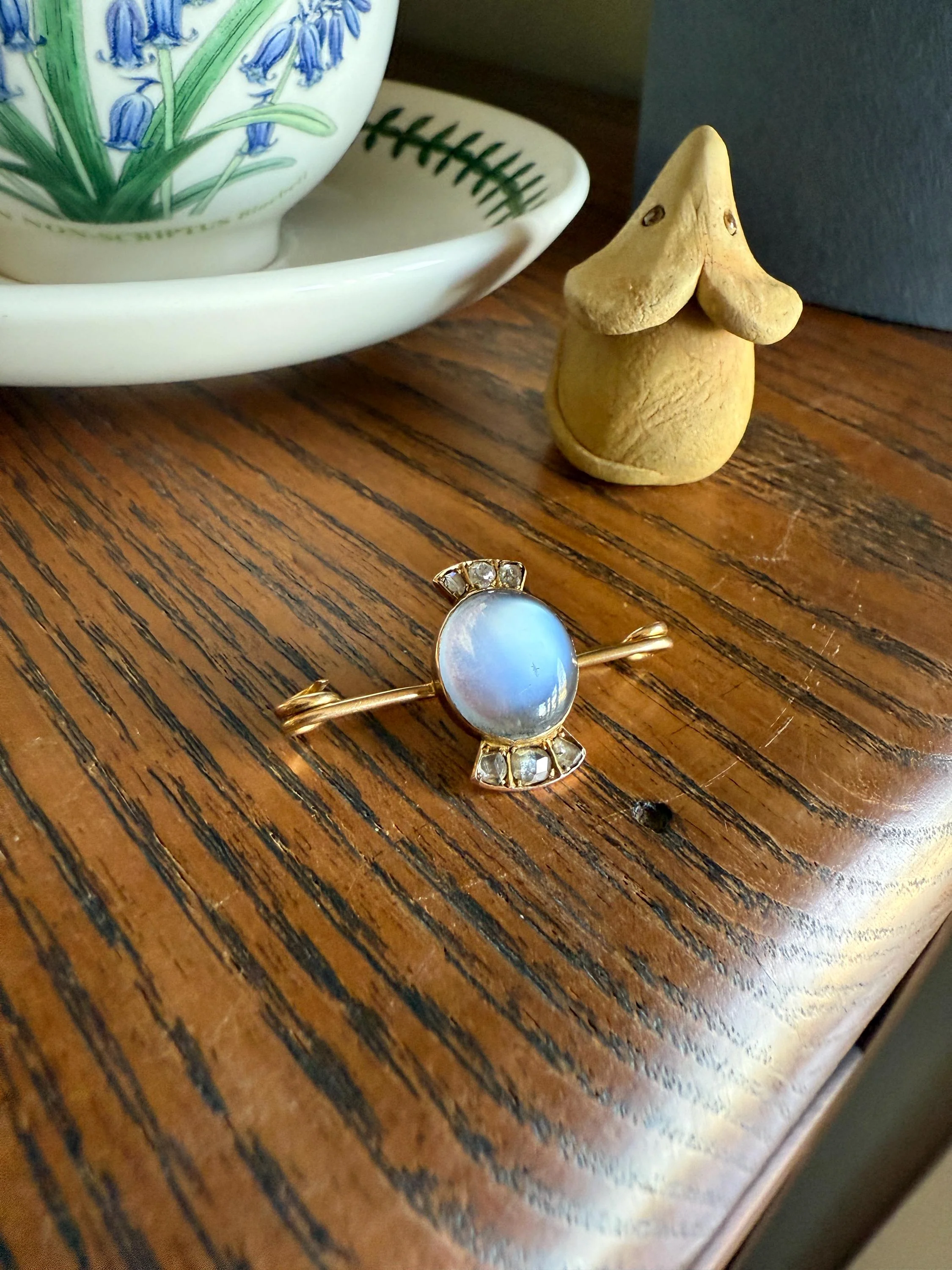 Blue MOONSTONE Victorian Antique Rose Cut DIAMOND Candy Brooch 14k Gold Extender Connector Pendant Safety Pin Charm Holder Glowing Orb - Image 6